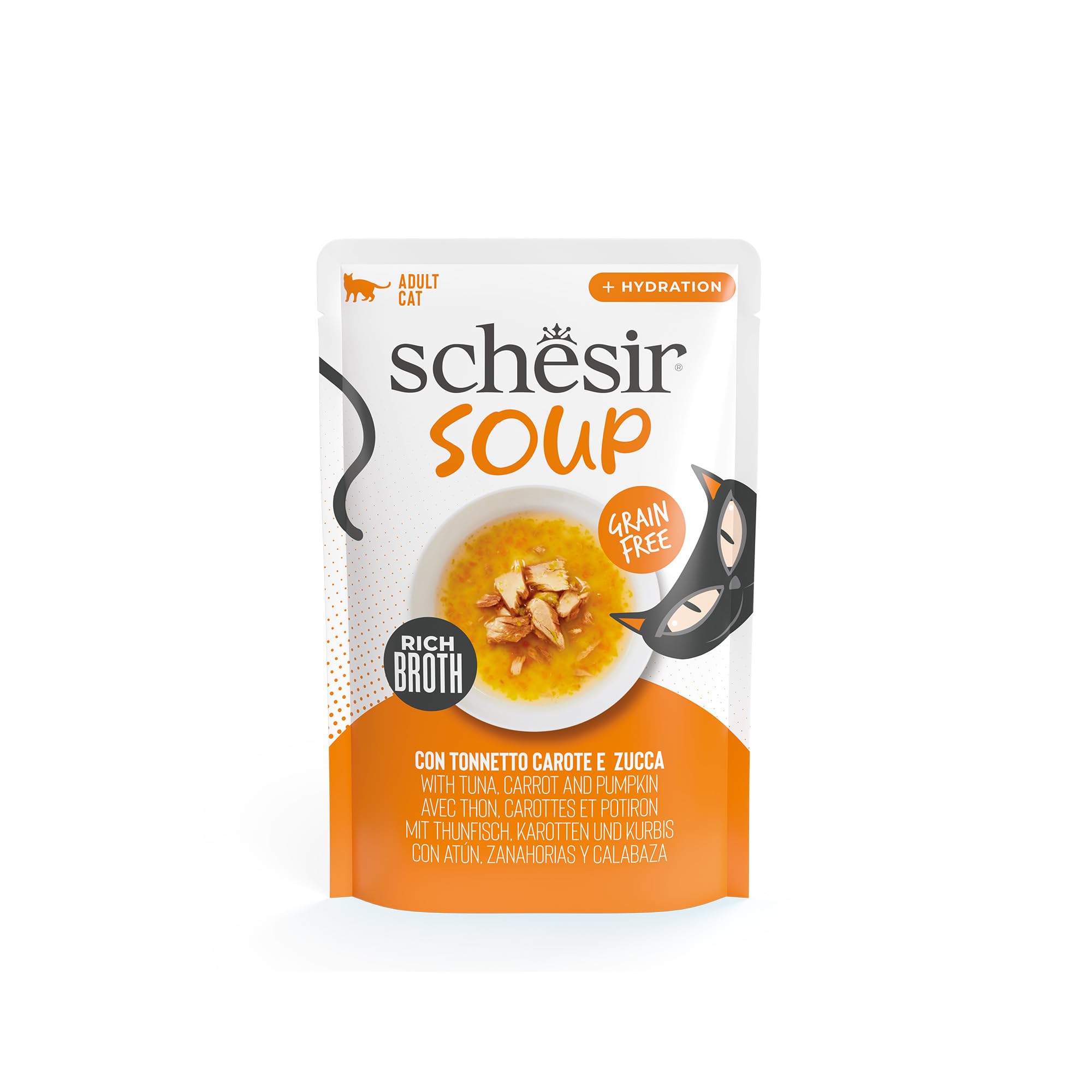 Schesir, Sopa con Filetes de Atún con Zanahorias y Calabaza, Cibo Húmedo Complementario para Gatos, Receta Original, 100% Natural, Cruelty-Free, 12 x 40g