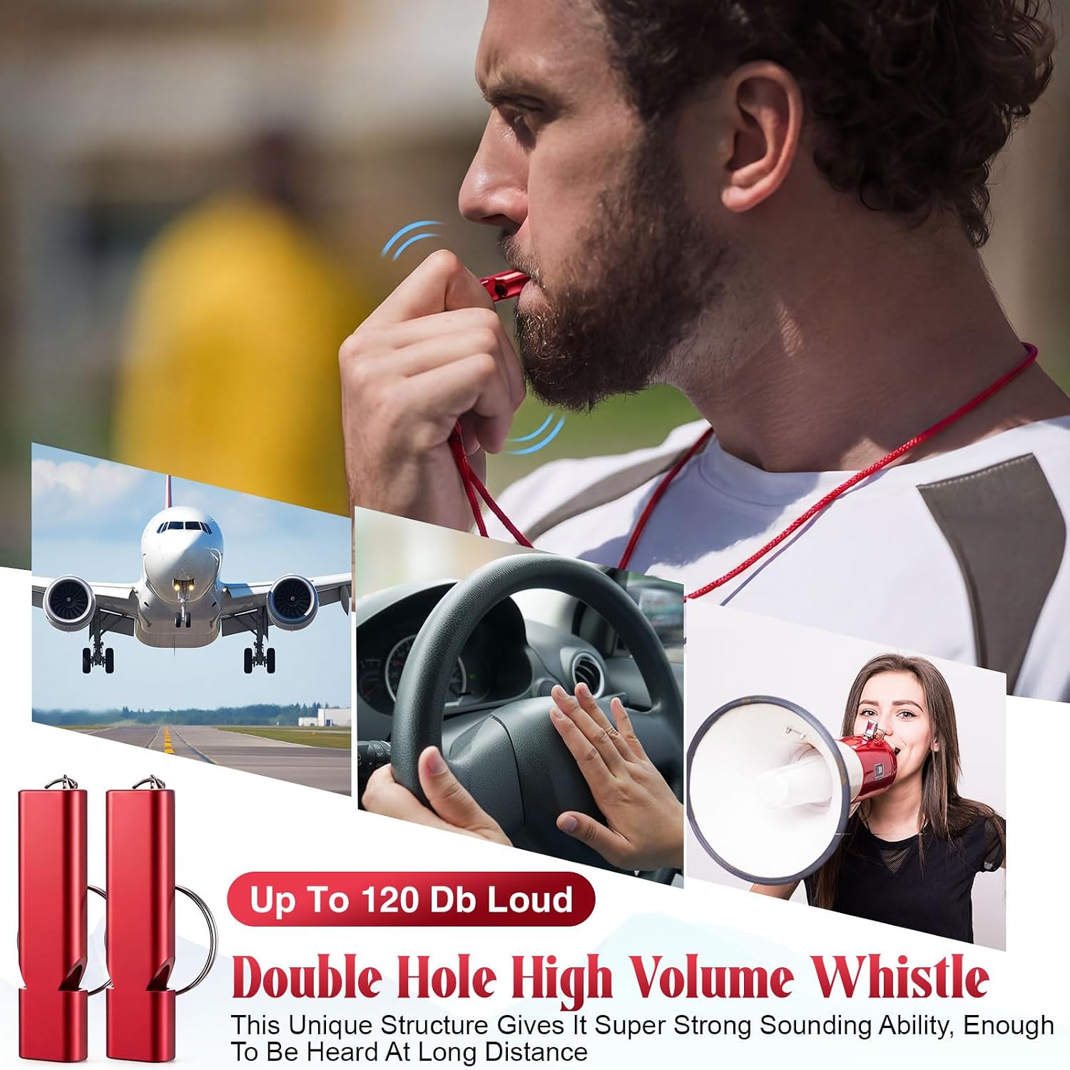 Sotiff 100 Pcs Emergency Whistles Bulk, Aluminum Safety Survival Whistle Keychain with Lanyard, High Pitch Dual Size Signal Rescue Whistle for Camping Hiking Boating Fishing Backpacking
