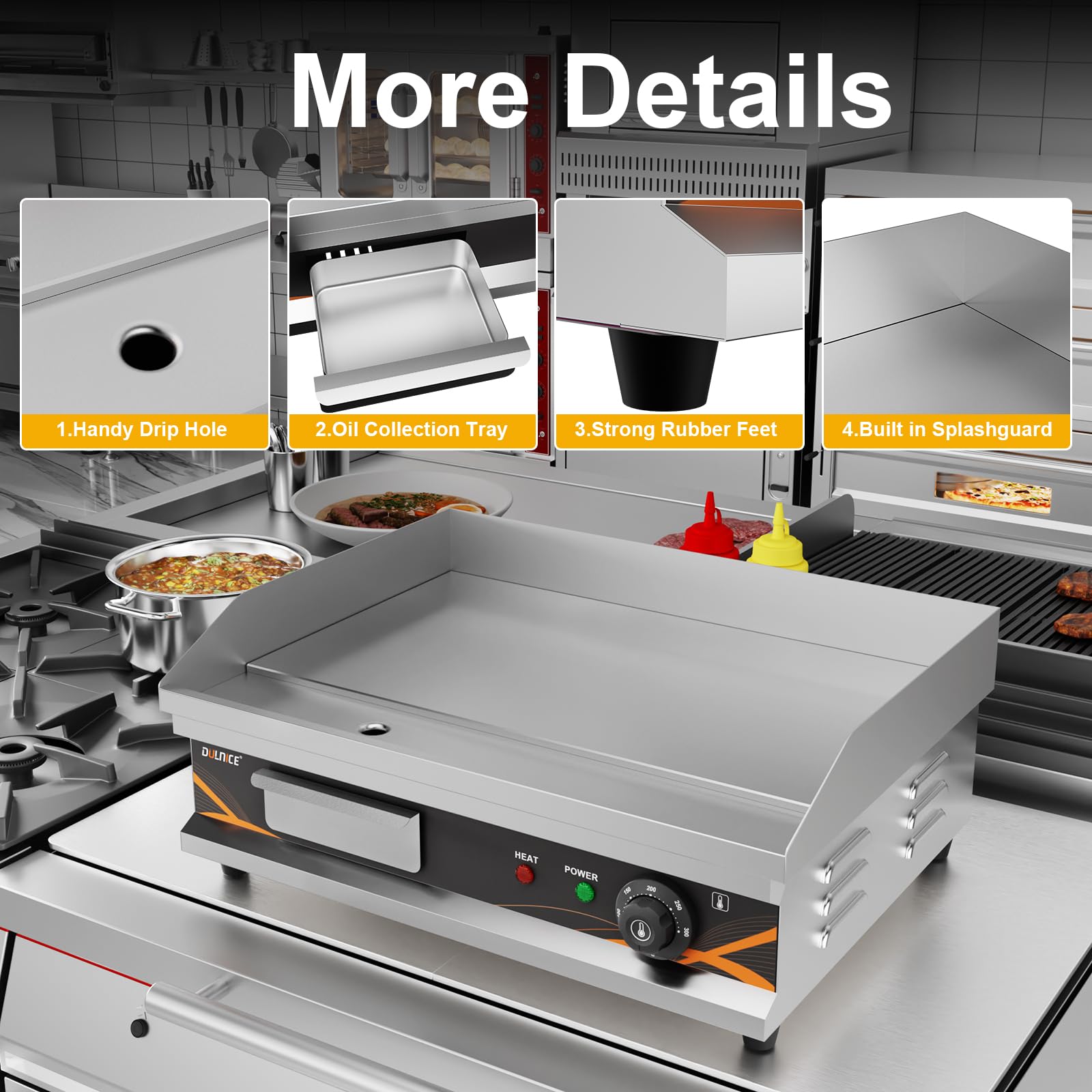 Plancha Electrica Profesional de Acero Inoxidable 3000W, Plancha Cocina Electrica 54 x 30 cm Temperature 50-300°C con Bandeja Recoge Grasa | Plancha eléctrica rango de temperatura 50 – 300 °C, cajón de aceite extraíble, barbacoa Teppanyaki para casa o res