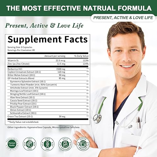 Miniatura 6 de Suplemento de berberina con canela de Ceilán, 120 unidades de berberina de 1500 mg activa AMPK y GLP-1 Berberina HCL con melón amargo y hierbas