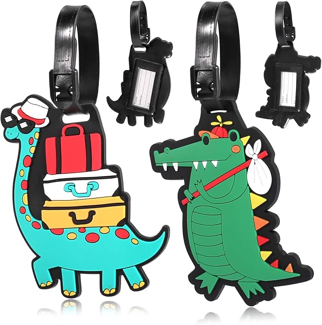 2 Balises de bagages Pcs, Tag de bagages en silicone avec nom ID Carte Belles étiquettes de bagages sécurisées pour valise de voyage Parfaite pour repérer rapidement Bagage vert Dinosaur Etiquettes de bagages Valise ID Jeu d'étiquettes pour les enfants