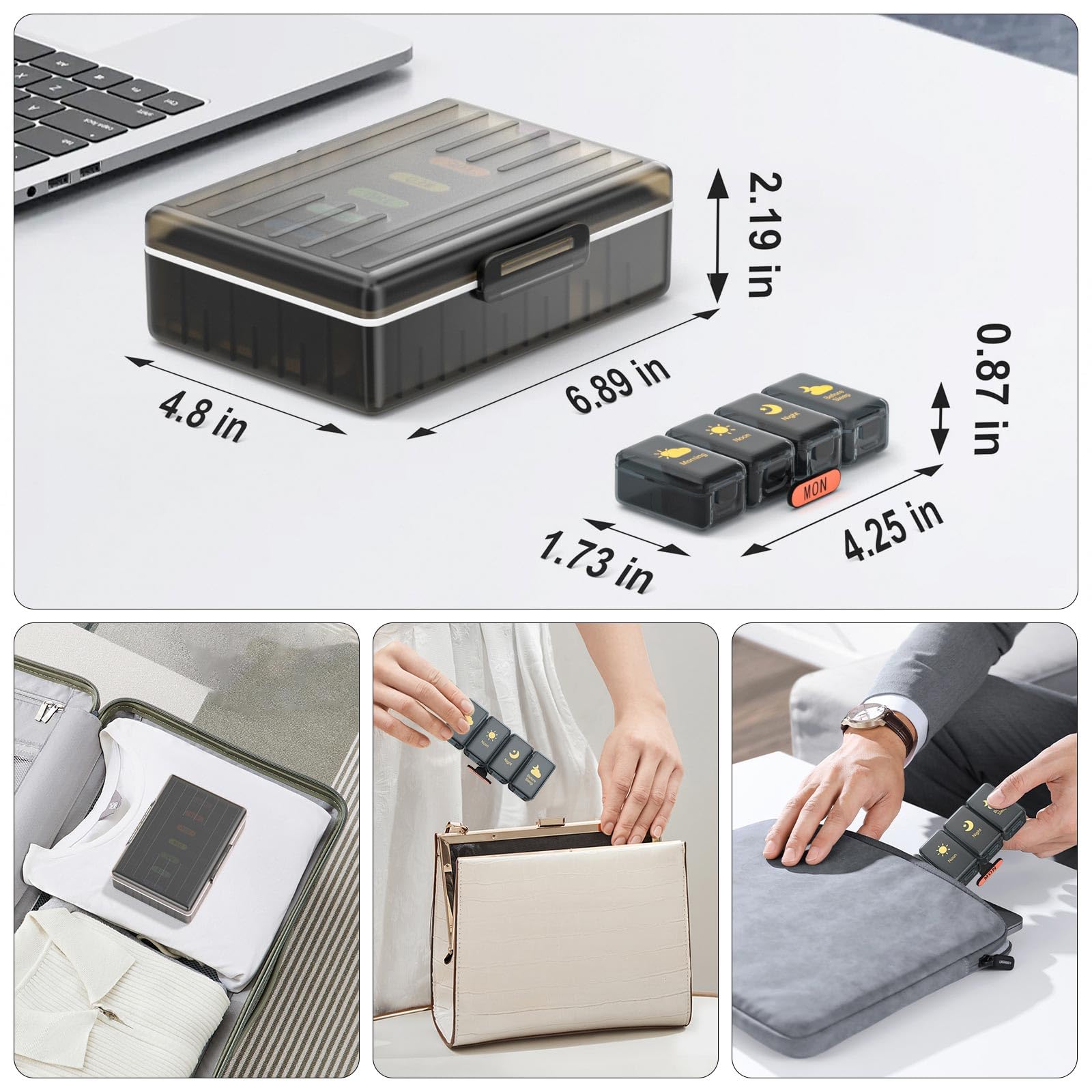 Tygodniowy organizer na tabletki 4 razy dziennie, duże przegródki, pudełko na tabletki, 4 x 7 dni, organizer na leki, tabletki, witaminy, oleje rybne, leki, suplementy, czarny