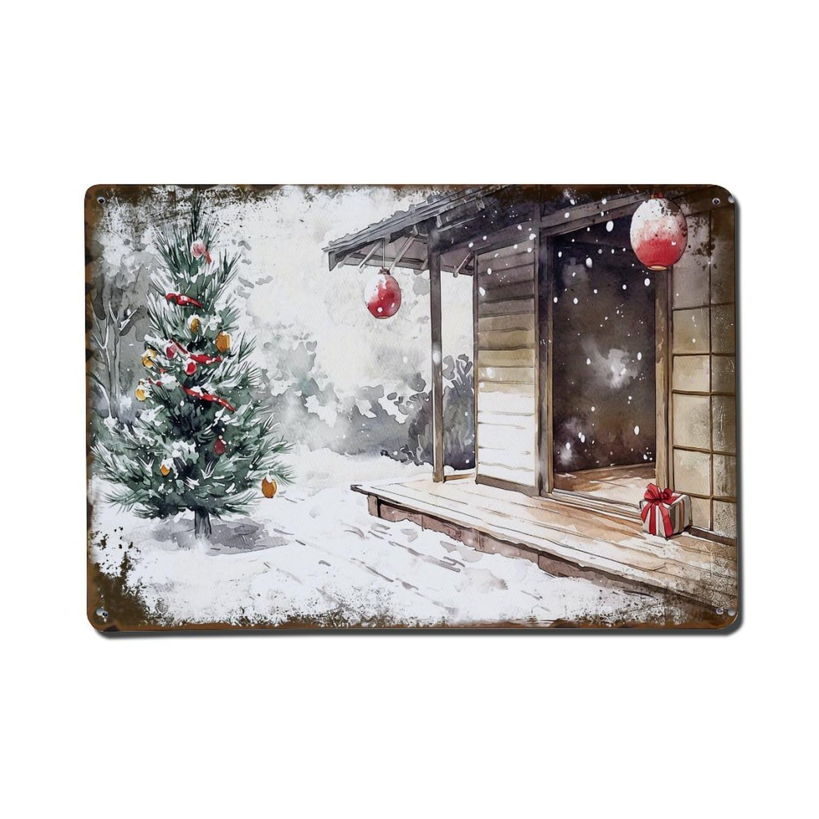 Christmas Tree Snowy Cabin Gift Red Ball Metal Tin Sign Plaque