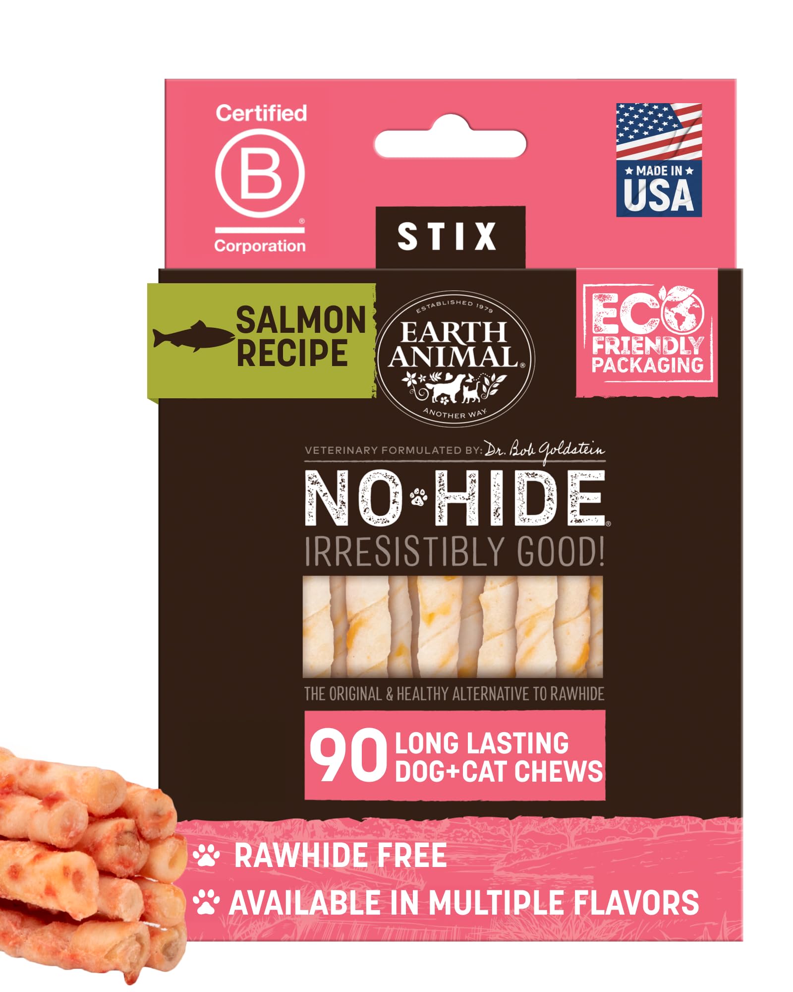 Earth Animal No Hide Stix - Long Lasting Rawhide Free Small Dog Chews Sticks, Salmon - 90 Count