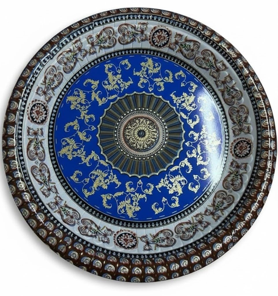 Maestro Craft Multicolor Decorative Round Serving Tray, Royal Blue And Gold Pattern, Plastic Construction, 33Cm Diameter, Victorian Style, Ornate Border Design