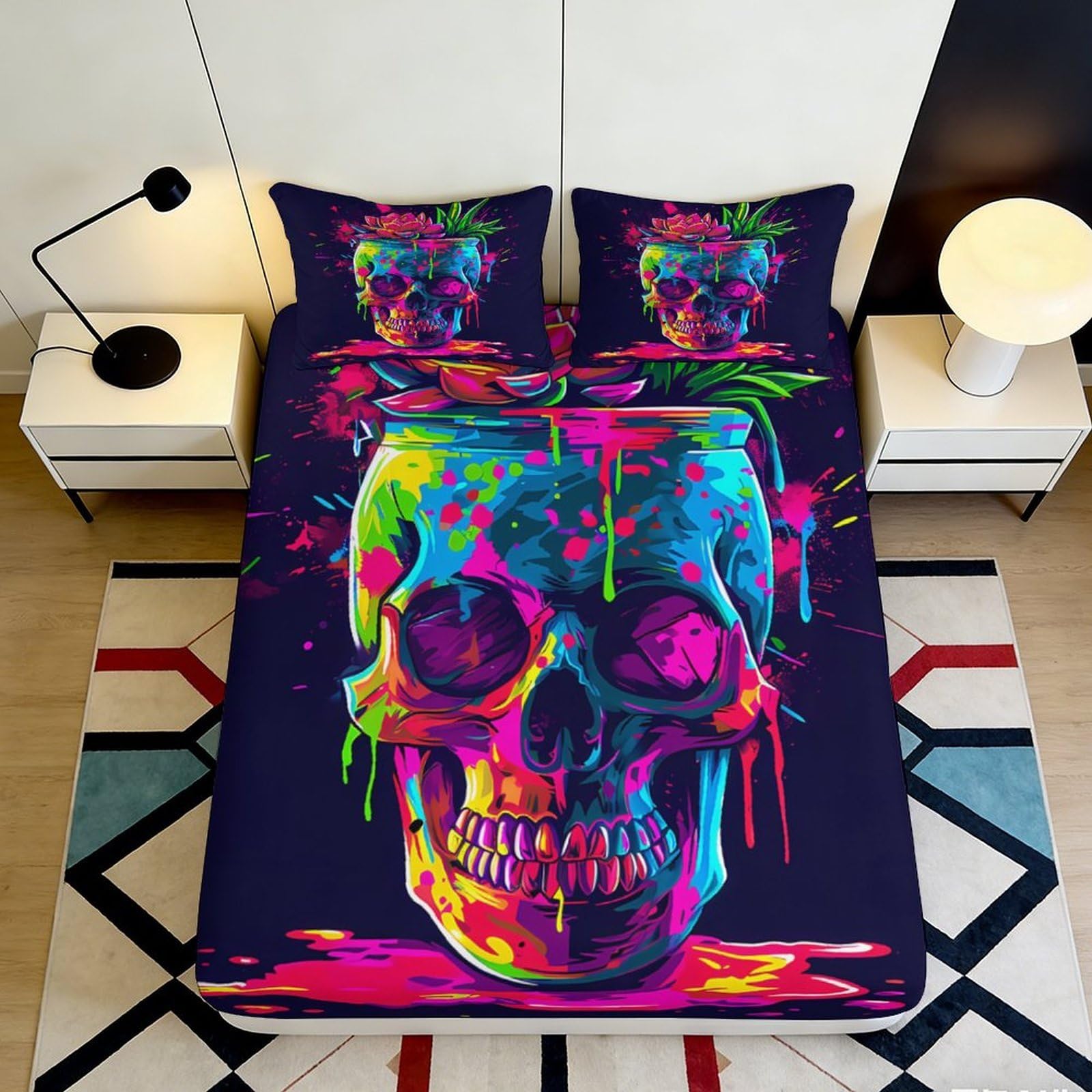 3D Printed Graffiti Skull Fitted Sheet Microfiber Full Wrap Deep Pocket Bedroom Bedding Skull Mattress Fitted Cover 90x200x25cm