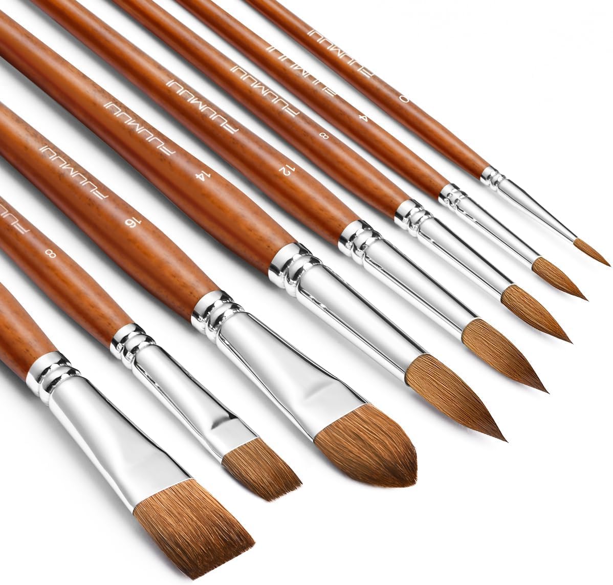 Sable Watercolour Brushes Professional, Fuumuui 8Pcs Sable Brush Set Variety Shapes with Flat, Round Pointed, Liner, Cat's Tongue Oval Wash Perfect for Watercolour Acrylic Gouache Inks Painting