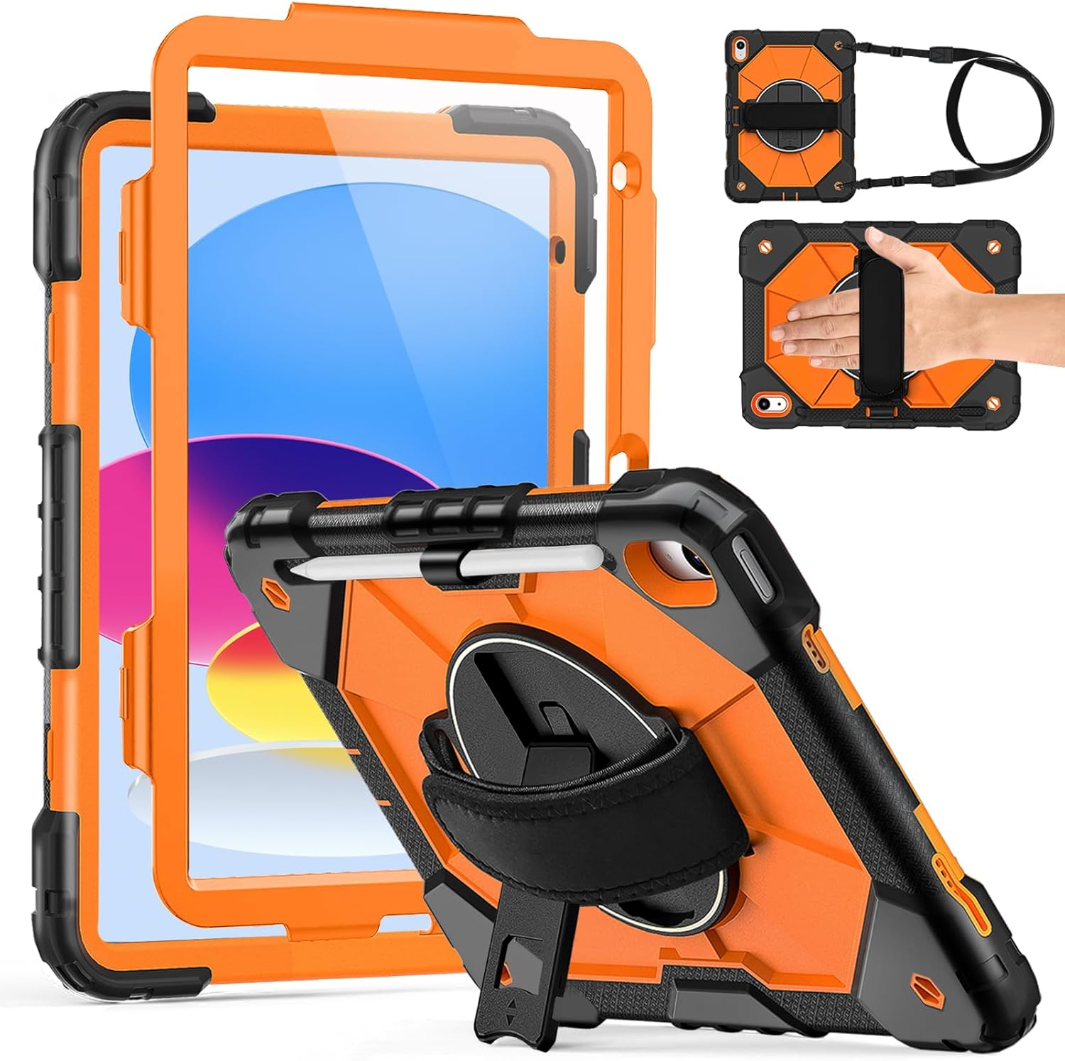 Weuiean Case for iPad A16 11th/10th Generation 11"/10.9", Military-Grade Heavy-Duty Shockproof Cover with 360° Rotating Stand, Built-in Pencil Holder & Adjustable Hand/Shoulder Strap - Orange+Black