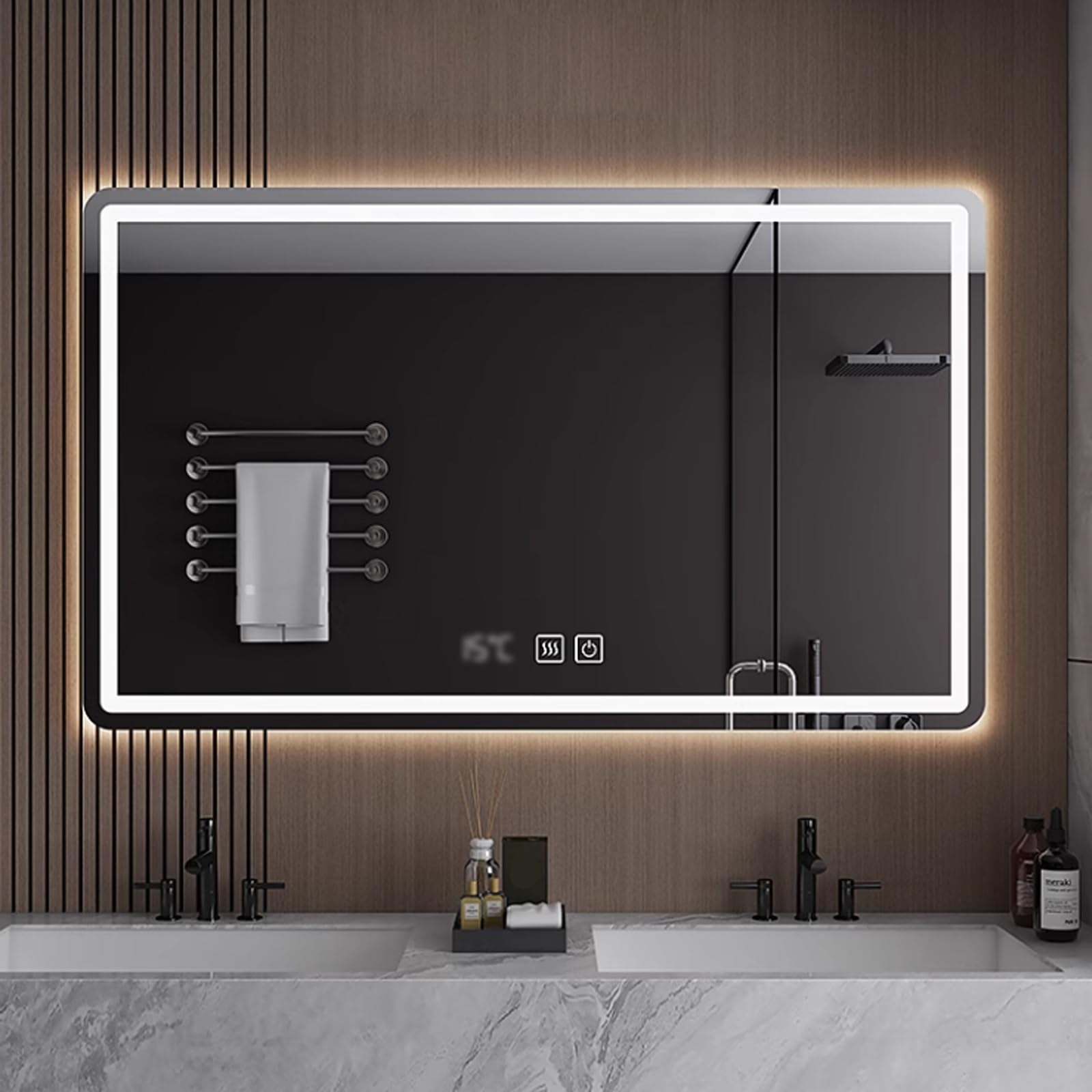 WJFTODAY Dimmable Smart LED Bathroom Mirror - Tri-Colour Wall-Mounted Vanity Mirror with Anti-Fog, Backlit, Time & Temperature Display for Flawless Makeup Every Time