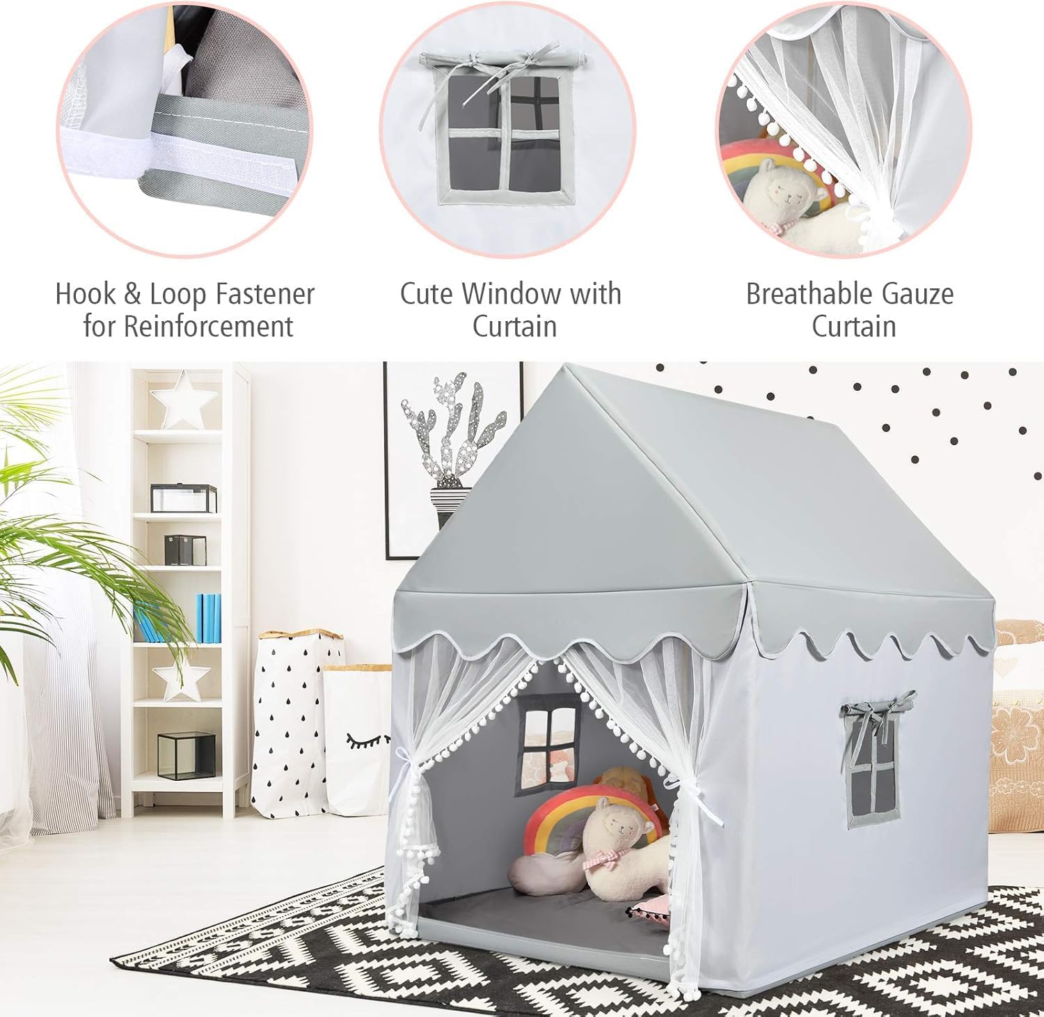 MEDIMALL Kids Play Tent, Large Game House w/Washable Mats and Windows, Solid Wood Frame,Indoor and Outdoor Princess Tent, Castle Fairy Tent,Suitable for Children Aged 3-5 (Grey)
