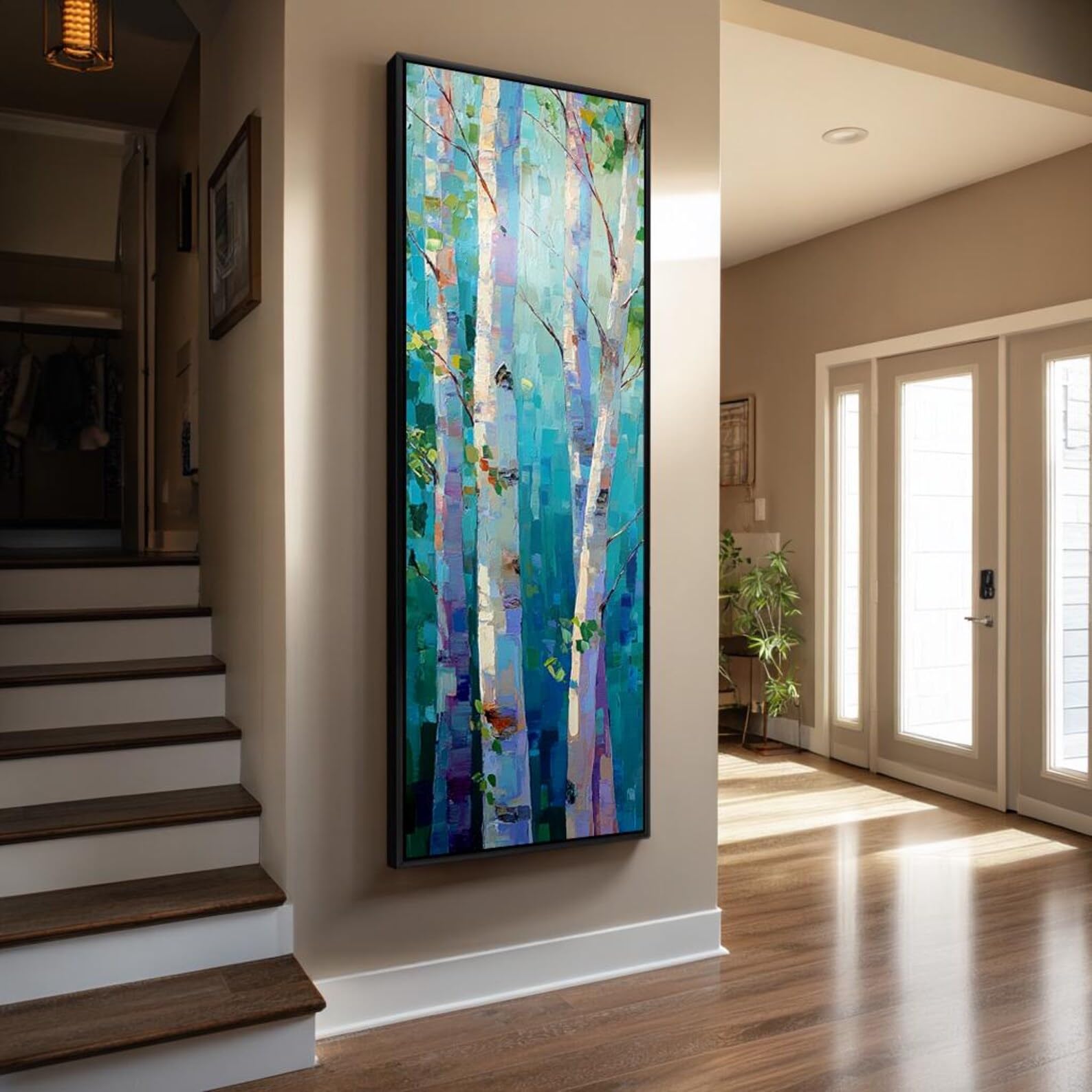 YUSUZHU Quadro su tela alto e stretto, ideale per ingresso e corridoio, con stampe verticali di alberi, betulla su tela, decorazione naturalistica lunga e sottile (20x60 cm/cornice interna)