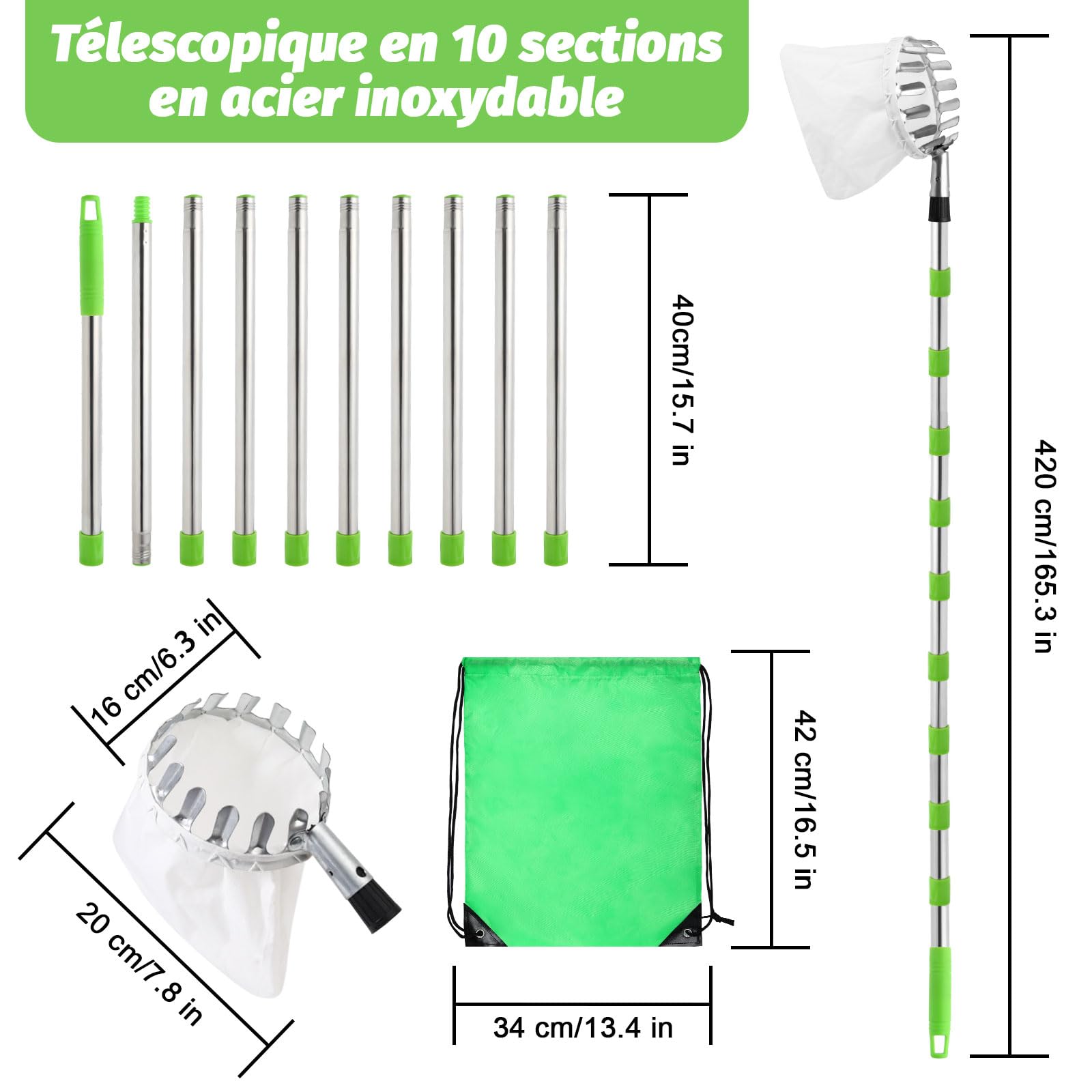 Recoge Frutas Telescopico, 4,2m Palo Extensible Recogedor De Frutas con Bolsa - Acero Inoxidable Mango Telescópico Frutas Herramientas Recolectoras (4,2m)
