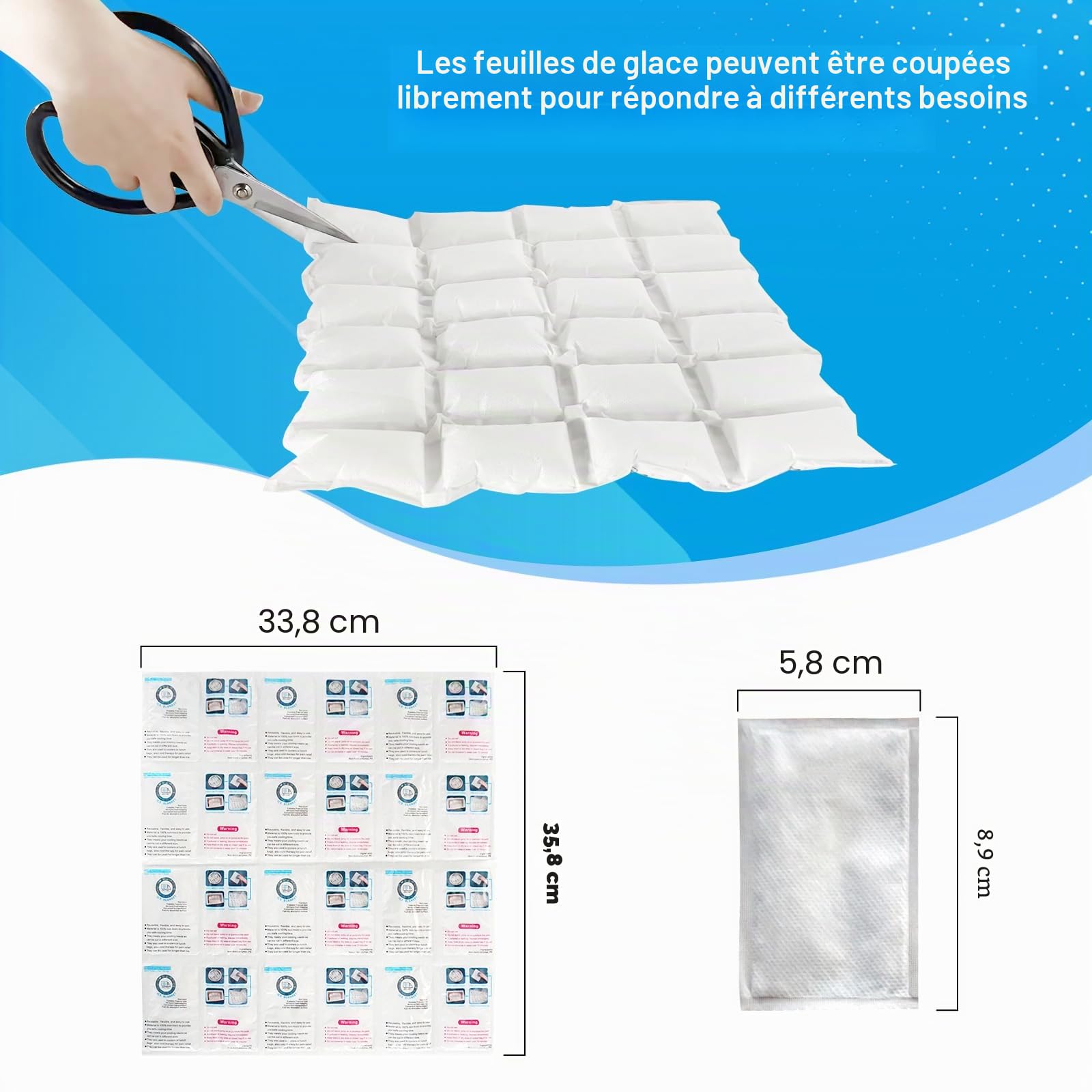 Packs de glace froide pour l'expédition d'aliments surgelés, feuilles de glace froide flexibles pour glacières, packs de glace de congélation longue durée 14'' X 13'' 144 cellules