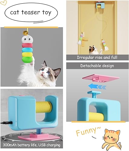 Miniatura 4 de Juguetes interactivos para gatos de interior  Juguete eléctrico automático de puerta colgante con varita retráctil de plumas, divertidos juguetes de