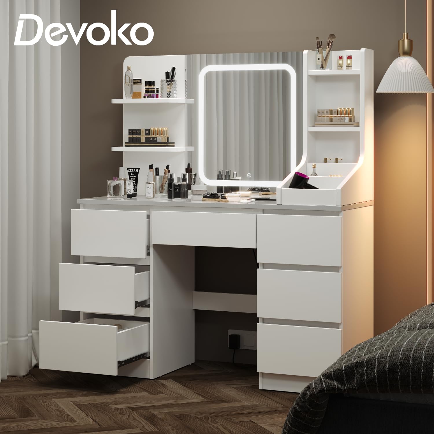 Devoko Toeletta da Trucco con 7 Cassetti, Postazione Trucco con Specchio a LED, Luminosità Regolabile,Tavolo da Toeletta con 4 Ripiani Aperti,per la Camera da Letto, Bianco