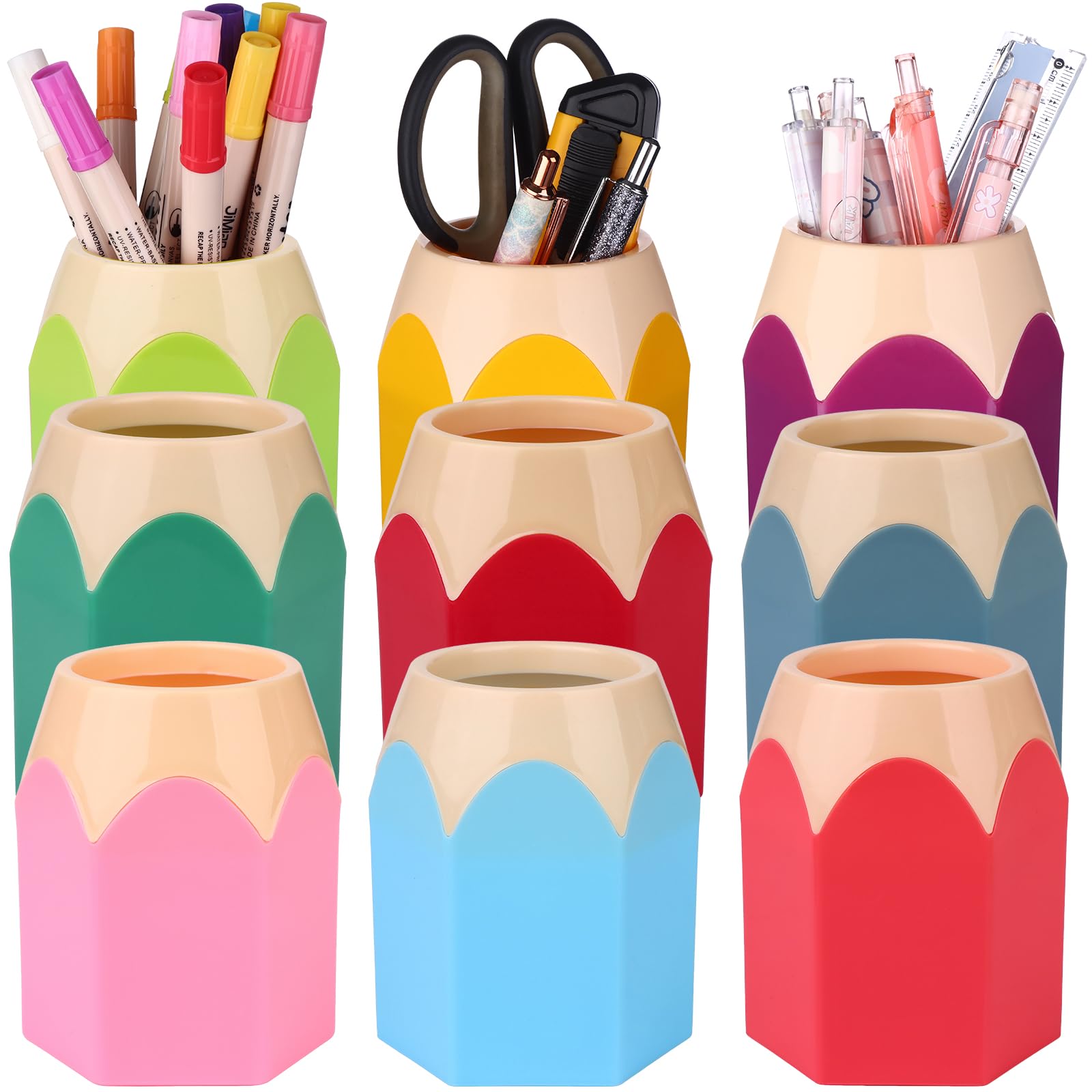 Youdaju 9 Pcs Pencil Shaped Pen Holders Pencil Storage Organizer Cute Plastic Pencil Holder for Desk Desktop Pen Cup Colorful Vase Pen Pot Makeup
