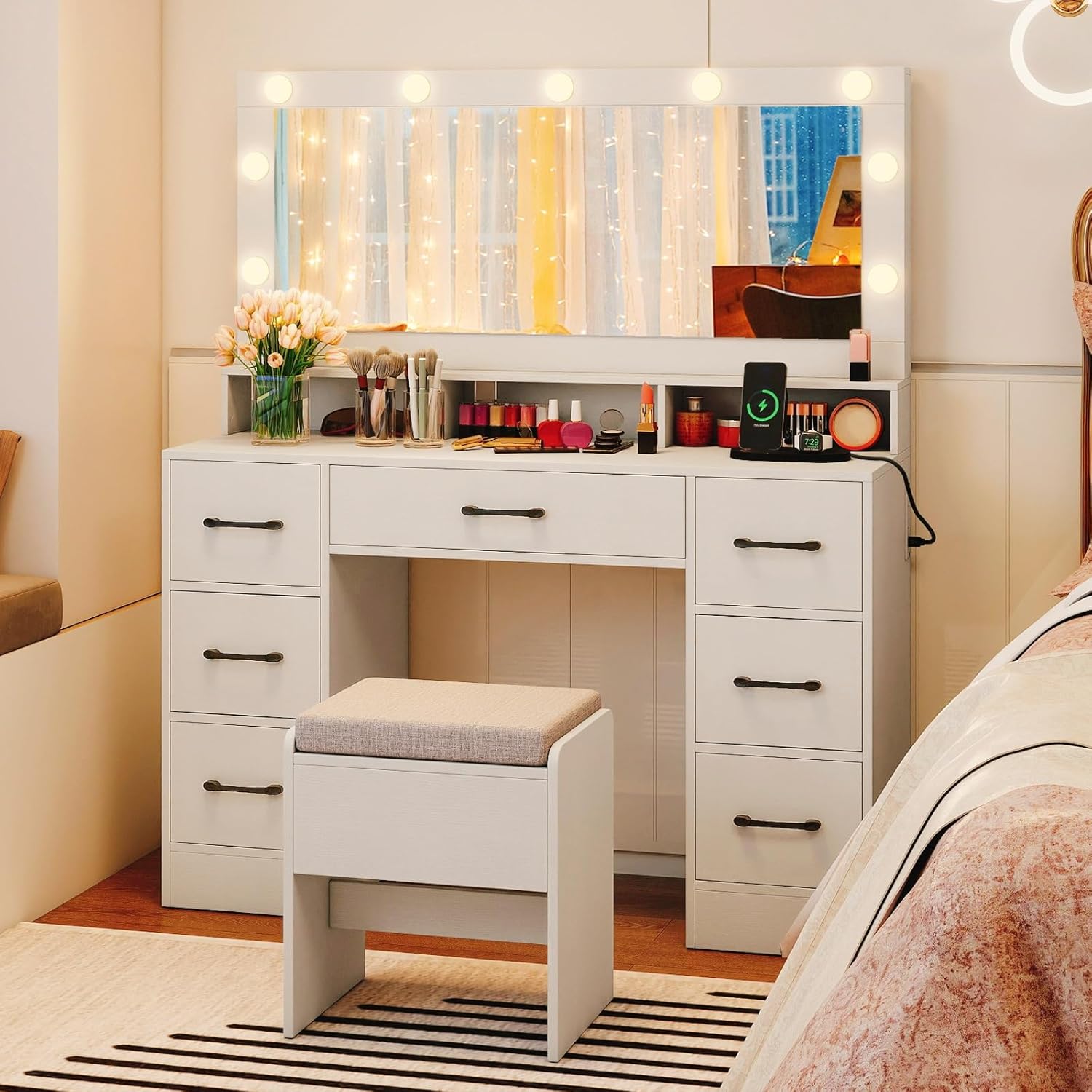 CHARMAID Vanity Desk with Mirror and Lights, Charging Station & Storage Stool, White Makeup Vanity Table with 7 Drawers, 3 Open Cubbies, 46.5" Large Modern Dressing Table with Chair for Bedroom