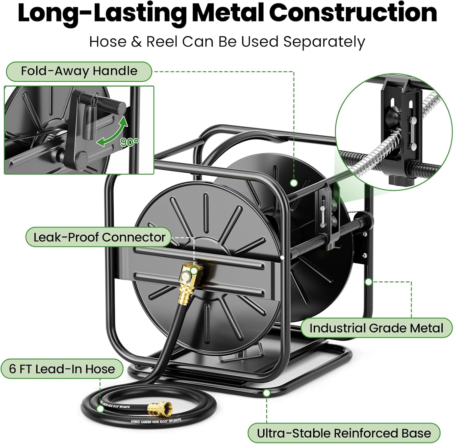 SPECILITE Garden Hose Reels, Holds 100 to 200 FT Hoses, Upgraded Guide System, 360° Swivel Base, Includes 5/8'' x 6ft Leader Hose for Outside, Yard, Wall Mount/Floor Water Pipe Spool