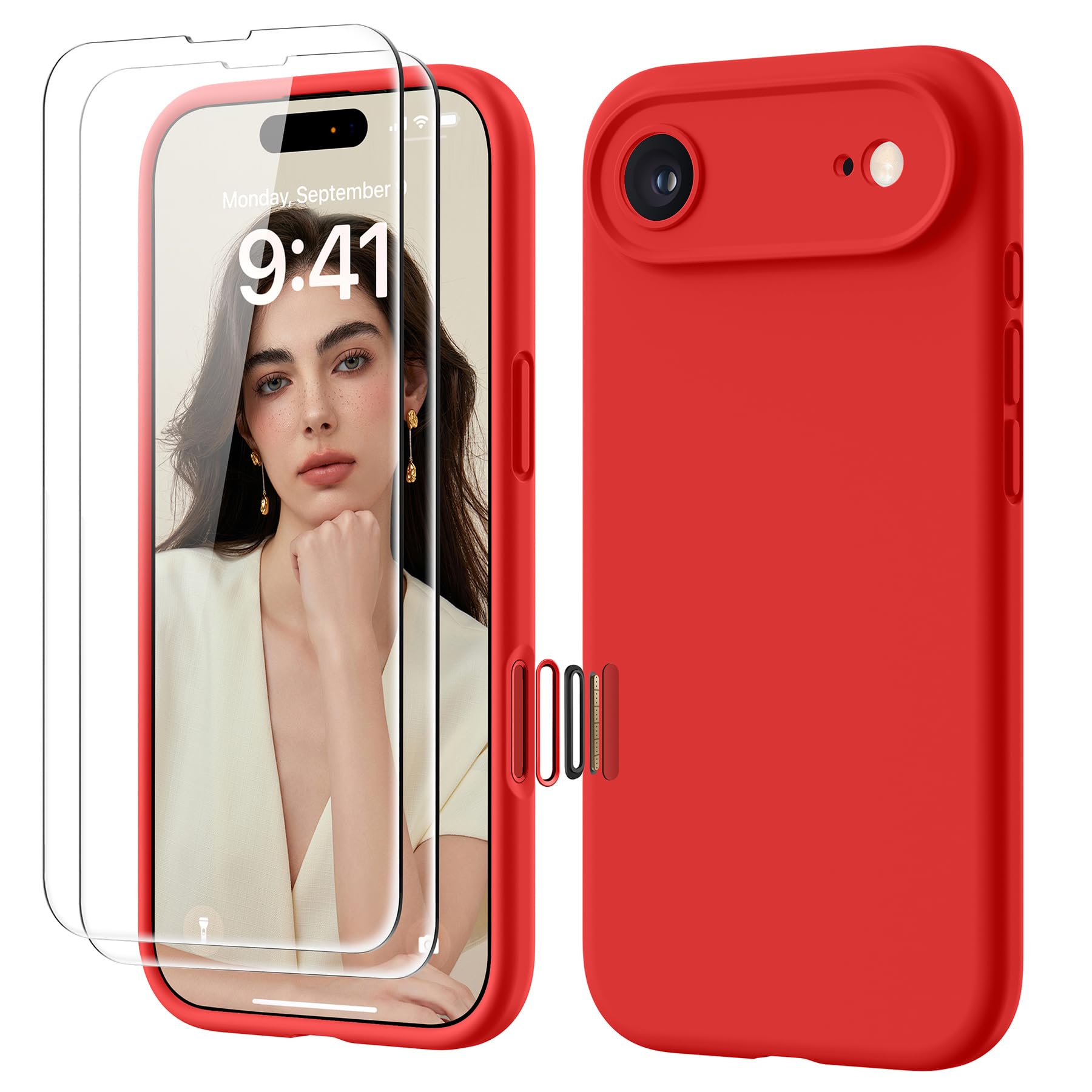 GOODVISH 3 in 1 Silicone Cover per iPhone Air 6.5", Custodia con 2x Vetro Temperato [Pulsante Controllo Fotocamera] 360° Protezione Anticaduta Case per Cellulare Antiurto Resistente, Rosso