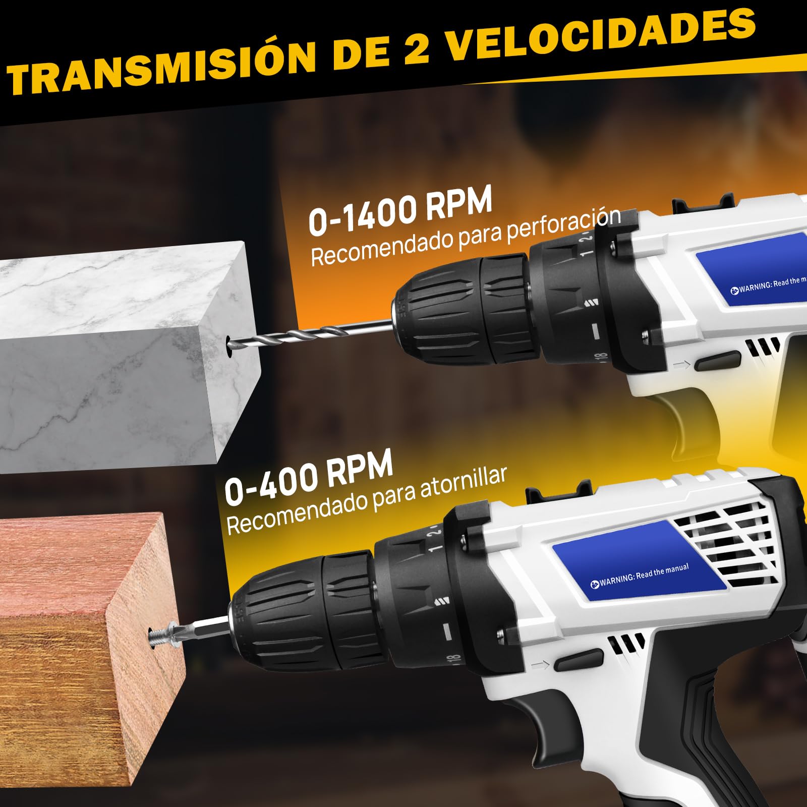 Taladro Inalámbrico 16.8V,Torque Máximo 45 Nm,18+1 Ajustes de Torque,Portabrocas sin Llave 3/8"y Luz LED,Taladro Inalámbrico para Reparaciones en el Hogar y Proyectos de Bricolaje