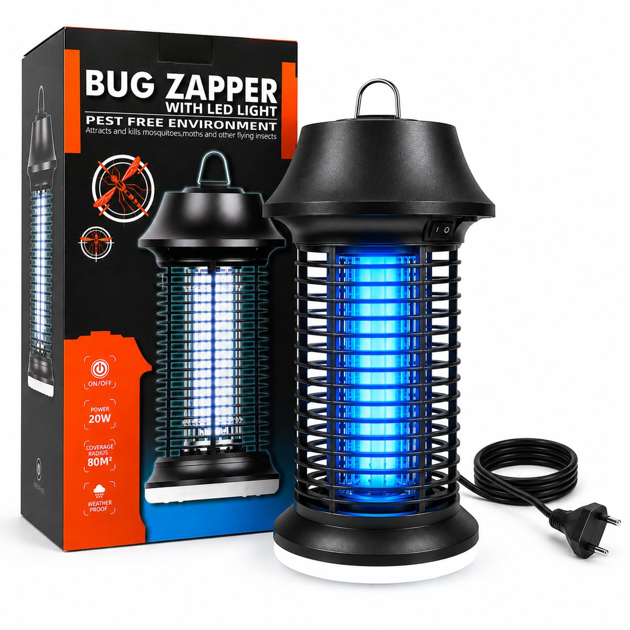 Insecticida eléctrico 2500 V, 15 W, UV, con luz LED, lámpara antimosquitos IPX4, resistente al agua, trampa contra mosquitos, moscas e insectos, para interior y exterior