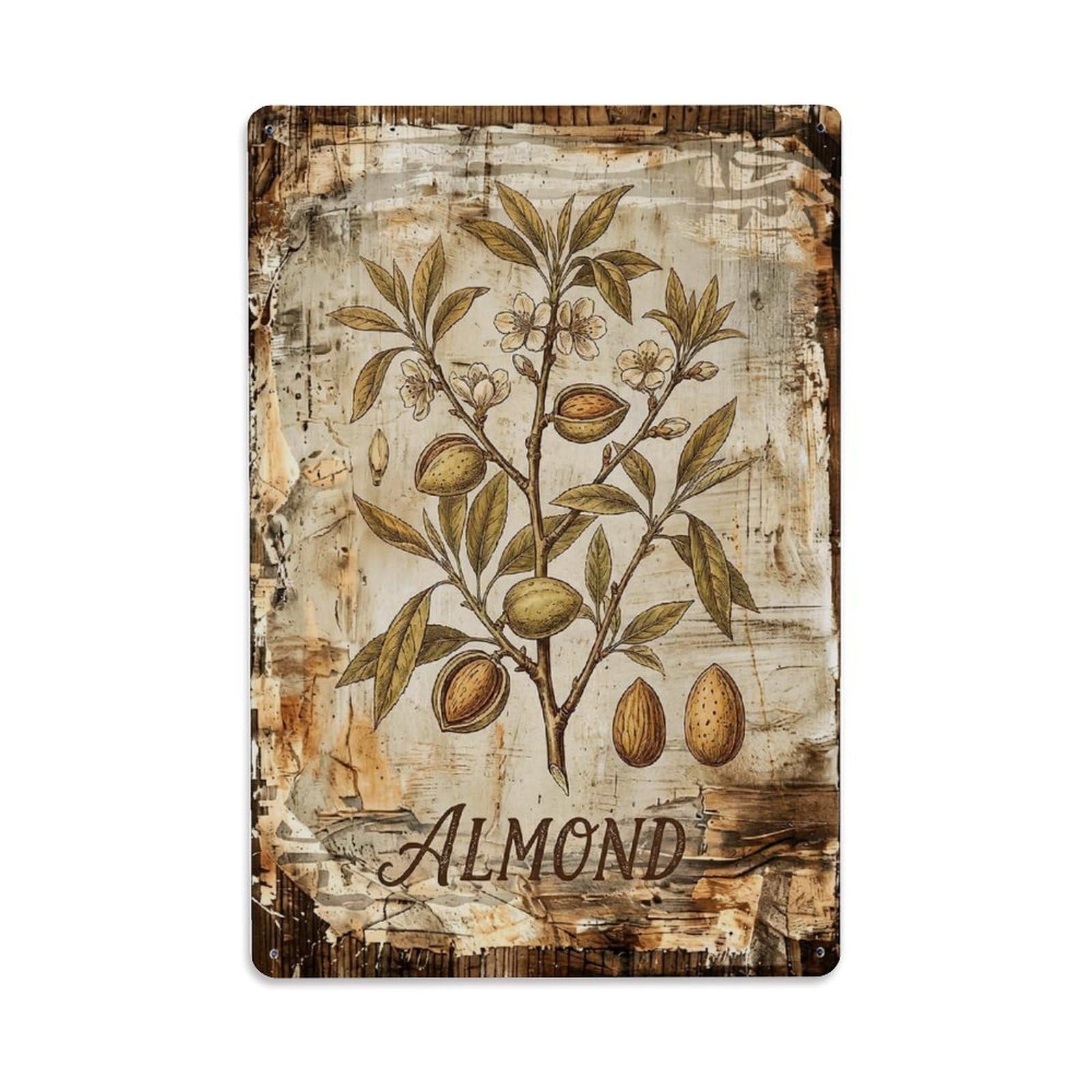 Fqnyr Style Almond Tree Nut 1 Metal Tin Sign Plaque Wall Decor For Cafe, Club Bar, Office, Home Garden Metal Poster 8X12inch