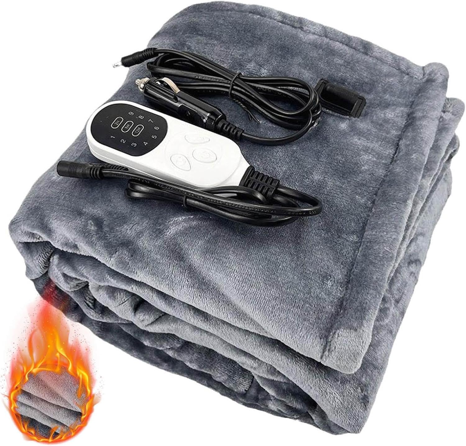 Electric Heated Blanket for Car, 12 Volt Plug in Heating Throw Flannel Electric Car Blankets with Timer 9 Fast Heating Modes, Travel Heated Throw Blanket for Cars Truck SUV RV (Gray)