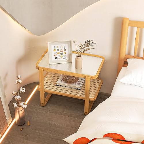 Miniatura 17 de GOFLAME Juego de 2 mesas auxiliares de ratán, mesa auxiliar en forma de Z con parte superior de vidrio templado, revistero, mesita de noche bohemia,