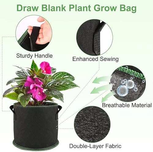 Miniatura 5 de Paquete de 5 bolsas de 1 galón de tela no tejida gruesa resistente para vegetales, flores, plantas, con asas