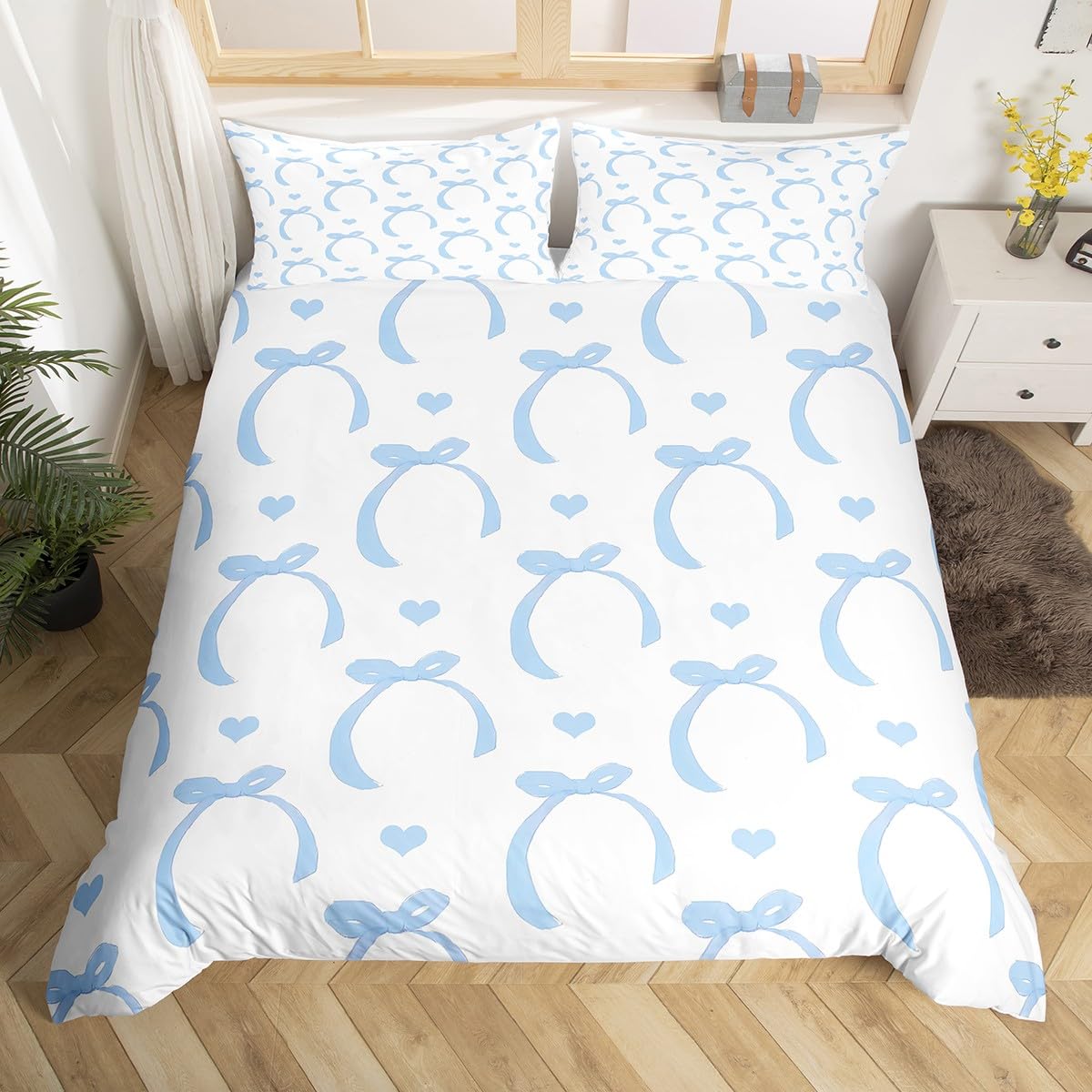 Manfei Blue Bow Duvet Cover Set Single Size, Cute Bowknot Heart Print Bedding Set 2pcs, Cartoon Bow Tie Comforter Cover, Kids Girls Room Decor, Lightweight Bedspread Cover, 1 Pillowcase, No Comforter — image 1