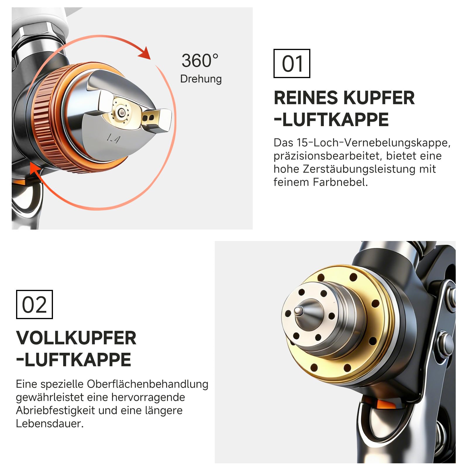 Professionelles HVLP Lackierpistole Set (Fließbecher) mit 1,4/1,7/2,0/2,5 mm Düsen, 600ML Fassungsvermögen und Manometer–Ideal für Autolacke/Grundierungen/Klarlacke/Decklacke (orange/schwarz)