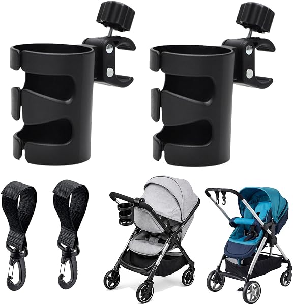 2 Stück Getränkehalter Kinderwagen,Mit 2 Haken,Kinderwagen Getränkehalter,Becherhalter Kinderwagen,Flaschenhalter Kinderwagen,Universal,Einstellbar,360-Grad-Drehung,Für Trolleys Und Rollstuhl - 1