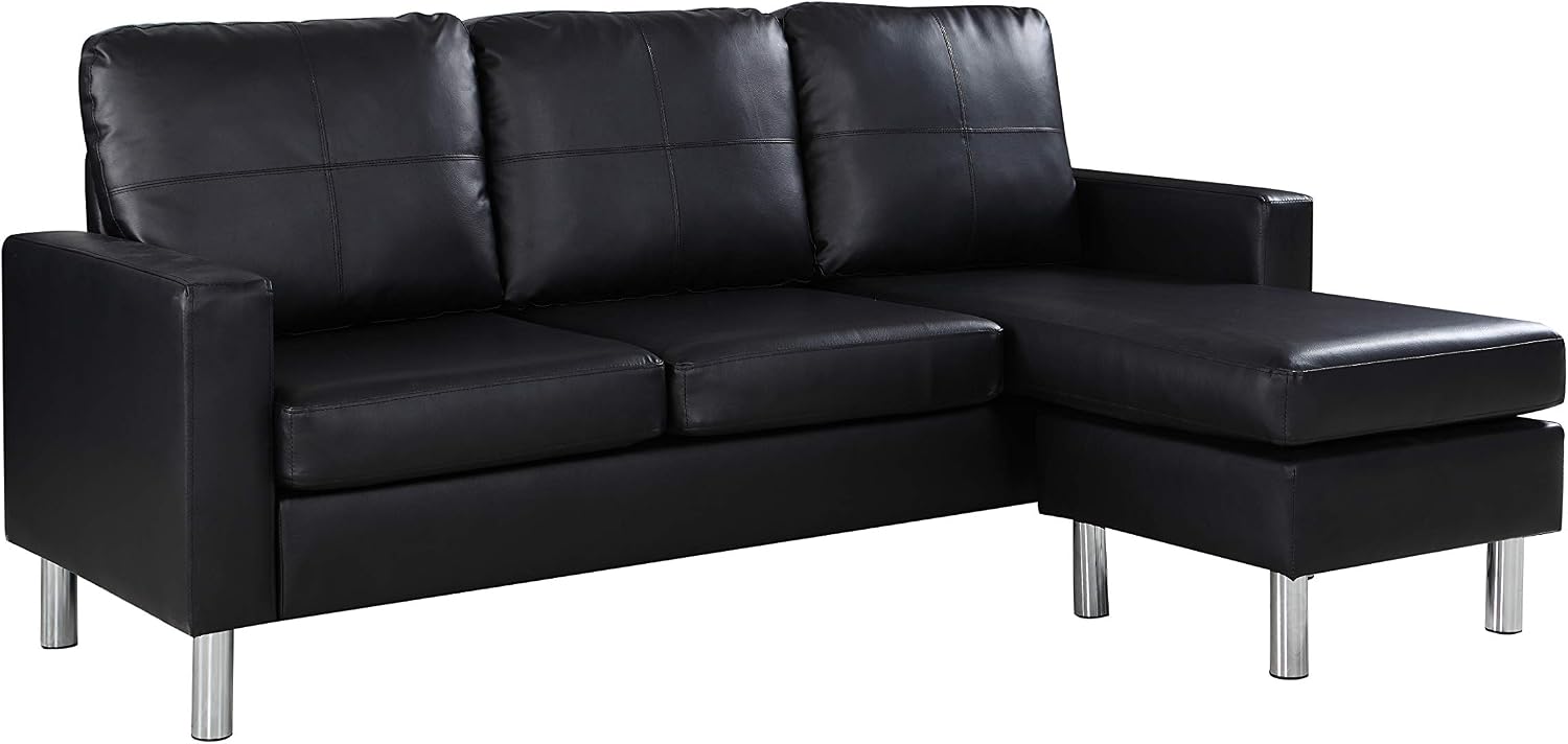 Modern Bonded Leather Sectional Sofa - Small Space Configurable Couch - Black