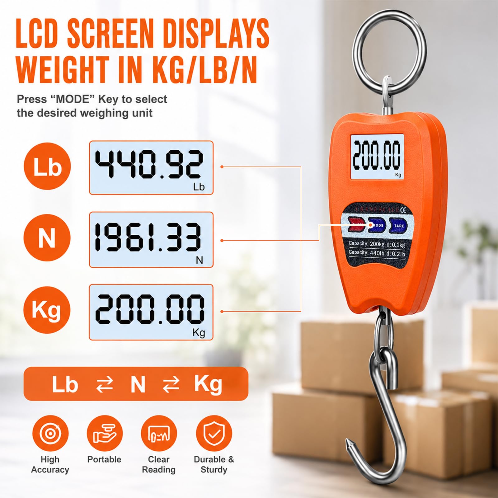 Cyfrowa waga wisząca 200 kg, elektroniczna waga hakowa, przenośna waga przemysłowa z wyświetlaczem LCD, waga bagażowa do walizki, wędkowania, polowania, rolnictwa i warsztatu, wysoka precyzja