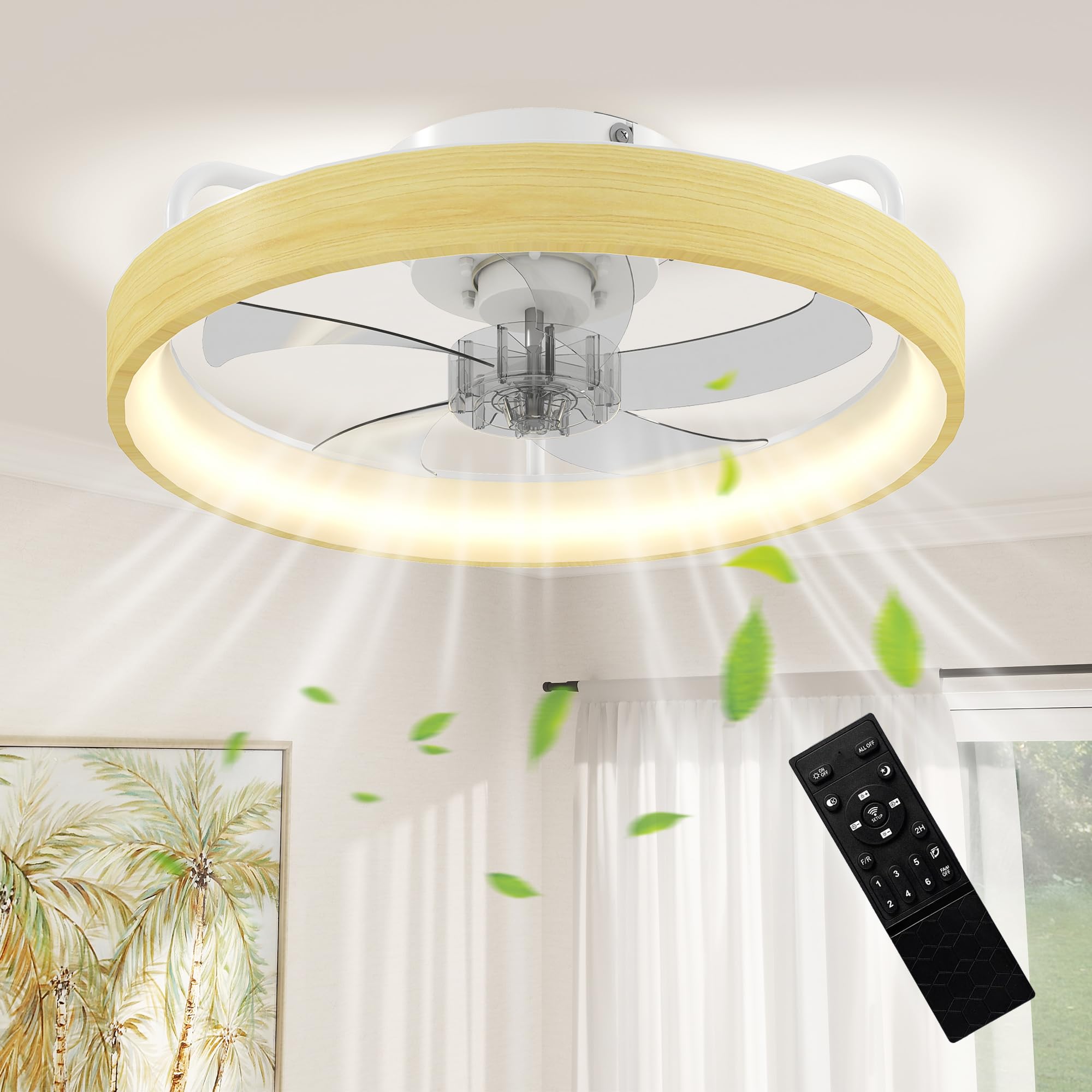 HOMCOM Ventilateur de plafond avec lumière LED plafonnier ventilateur Ø49 cm 7 pales moteur DC silencieux 6 vitesses 3 températures de couleur luminosité réglable télécommande minuterie mode été-hiver