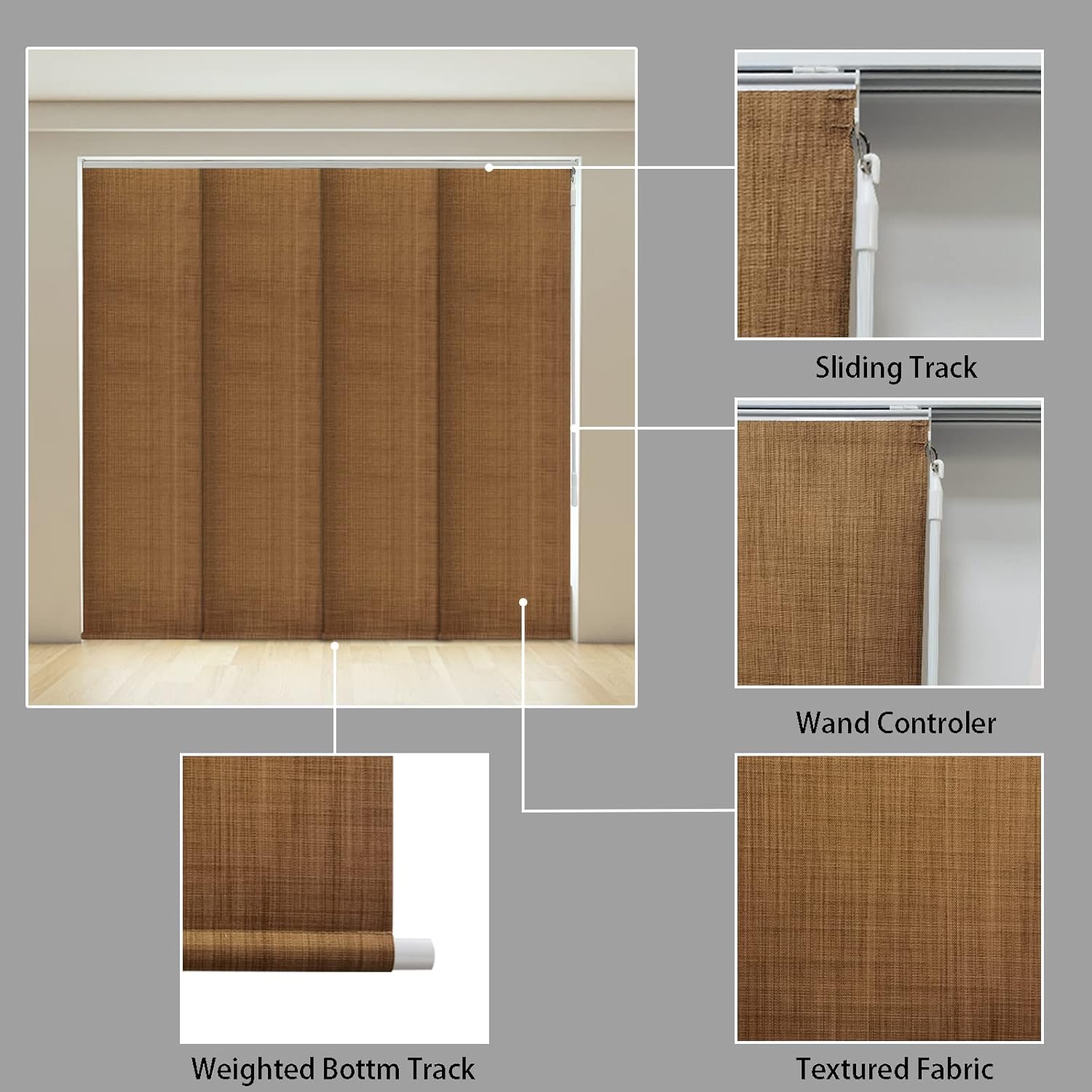 LETAU Cordless Track Blinds Sliding Panels, 100% Blackout Made to Order Vertical Blinds for Sliding Doors, Large Windows, Open Spaces and Room Dividers, Khaki