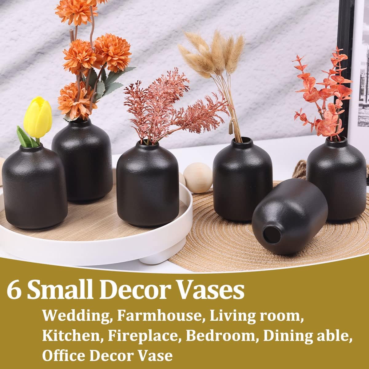 6 Pack Boho Vases, Modern Black Ceramic Bud Vases for Home Decor, Dry Flowers Centerpieces in Bulk, Mini Flower Vases for Wedding Decor
