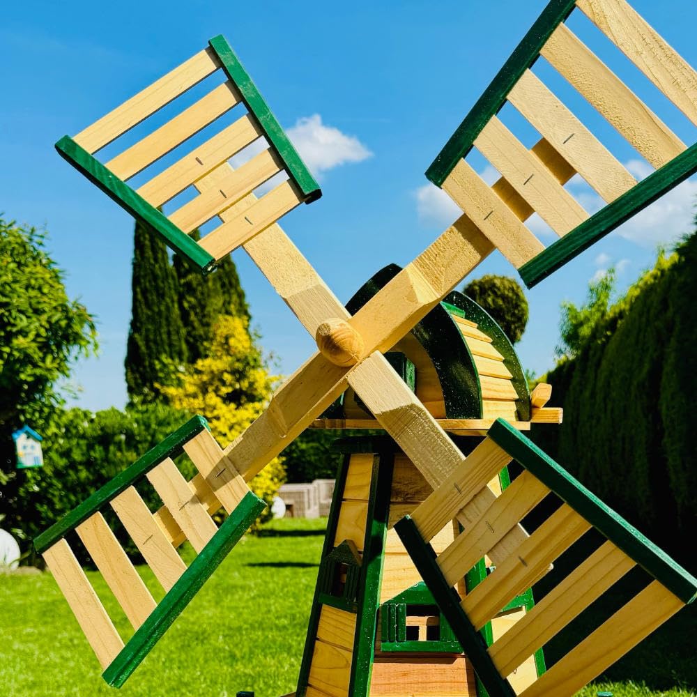 Handgefertigte sechseck Doppelstock Garten Windmühle aus Holz Natur/Grün Höhe 93 cm