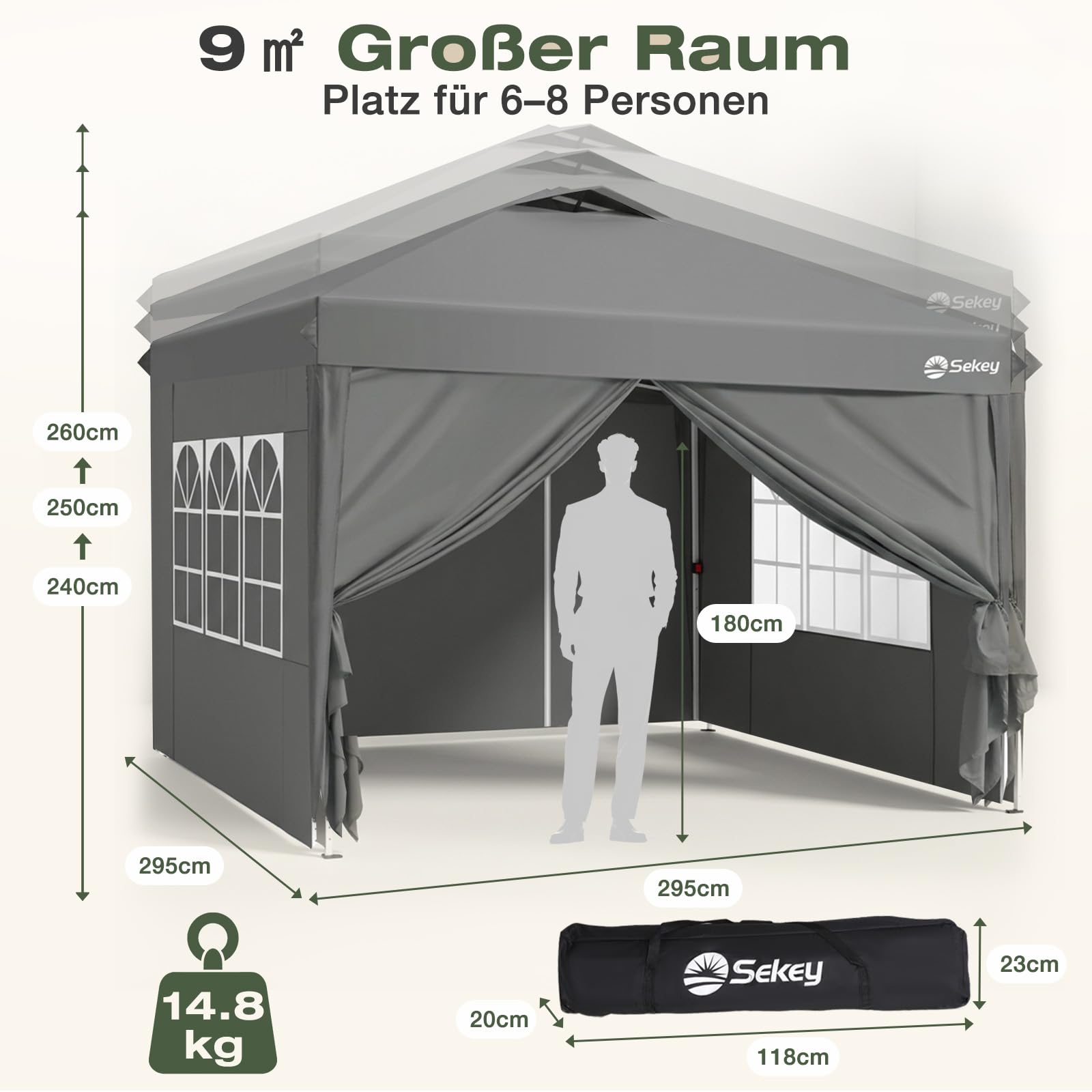 Sekey Pop Up Pavillon Wasserdicht Stabil Winterfest mit Seitenwänden, Faltpavillon 3 x 3 m, Camping Pavillion Faltbar Partyzelt mit Belüftung, Designer Serie 3x3, (Grau, 3x3 Mit Seitenwänden)