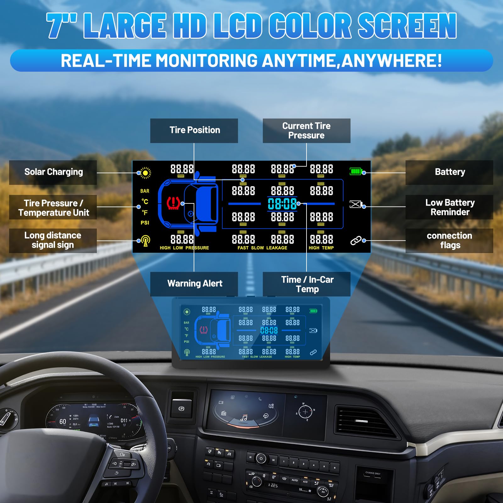 Sistema di Monitoraggio della Pressione dei Pneumatici con 12 Sensori | 0-188 PSI,Schermo a Colori da 7‘’,Amplificatore di Segnale,6 Modalità Allarme,6/8/10/12 Modalità Ruota,ricarica solare e USB
