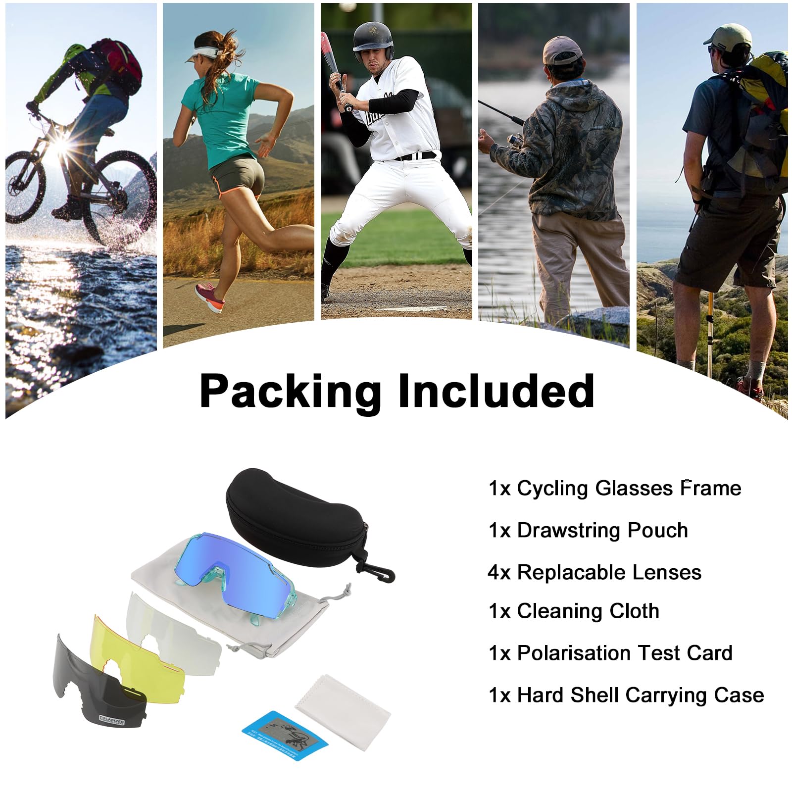 Occhiali da sole sportivi polarizzati per uomini e donne, occhiali da ciclismo UV400 per il baseball, corsa e ciclismo 4 lenti