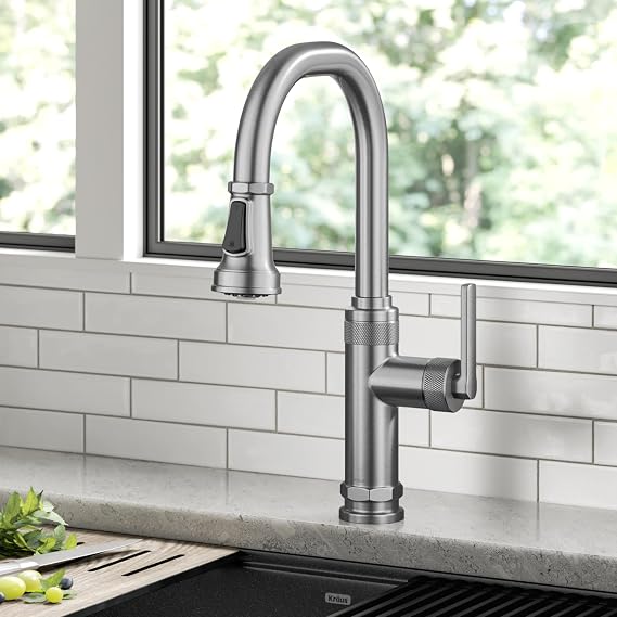 KRAUS Allyn Industrial Pull-Down Single Handle Kitchen Faucet in Spot-Free Stainless Steel, KPF-4102SFS