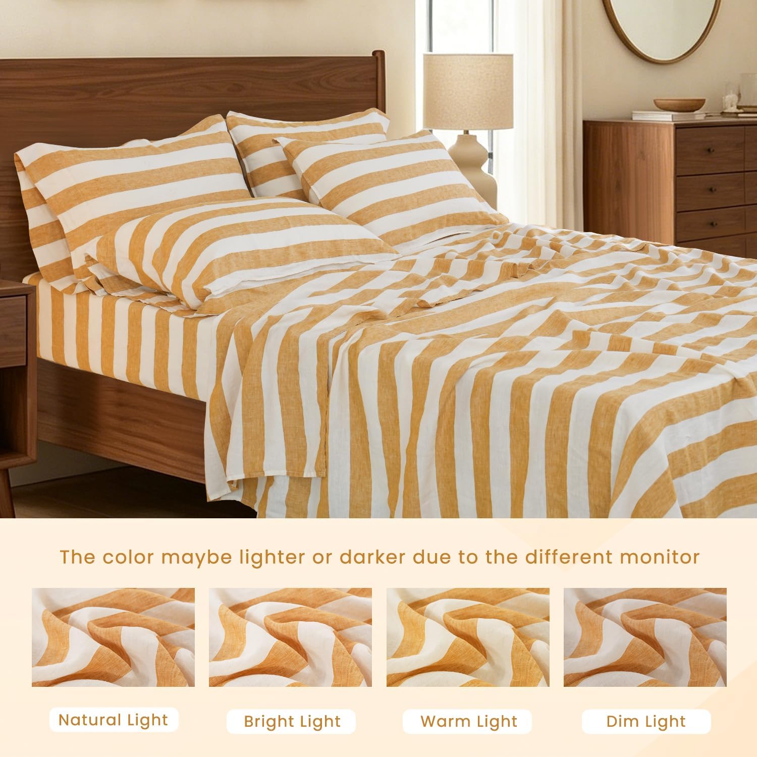 S VICTORY SYMBOL 100% Organic Linen Sheets Set Queen Size 4pcs,Yellow Stripe Yarn Dyed Pattern Farmhouse Bedding Set,French Natural Stone Washed Flax Bed Sheets