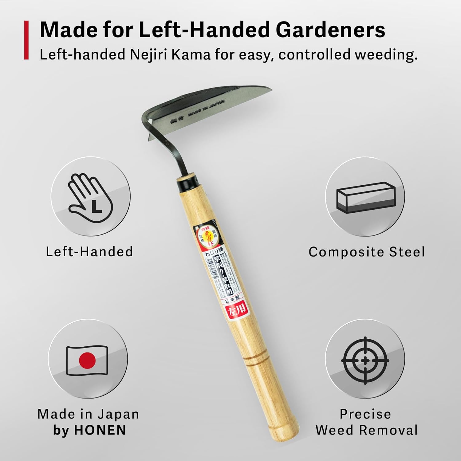 HONEN Japanese Left-Handed Nejiri Kama Weeding Sickle, Sharp Composite Steel Hand Weeder for Precise Weed Removal in Tight Spaces, Wood Handle, Made in Japan