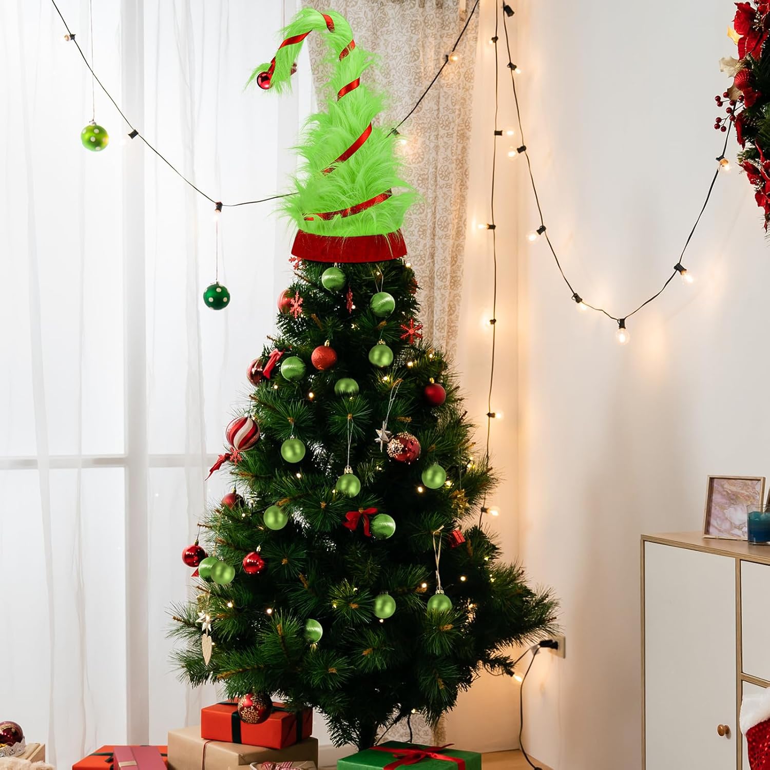 Hollowfly Christmas Tree Topper Decoration 26.6x10.6 Inch Green Plush Elf Hat for Christmas Tree Ornament Funny Elf Xmas Decoration for Holiday Party Supplies Outdoor Indoor Garden Yard Decor