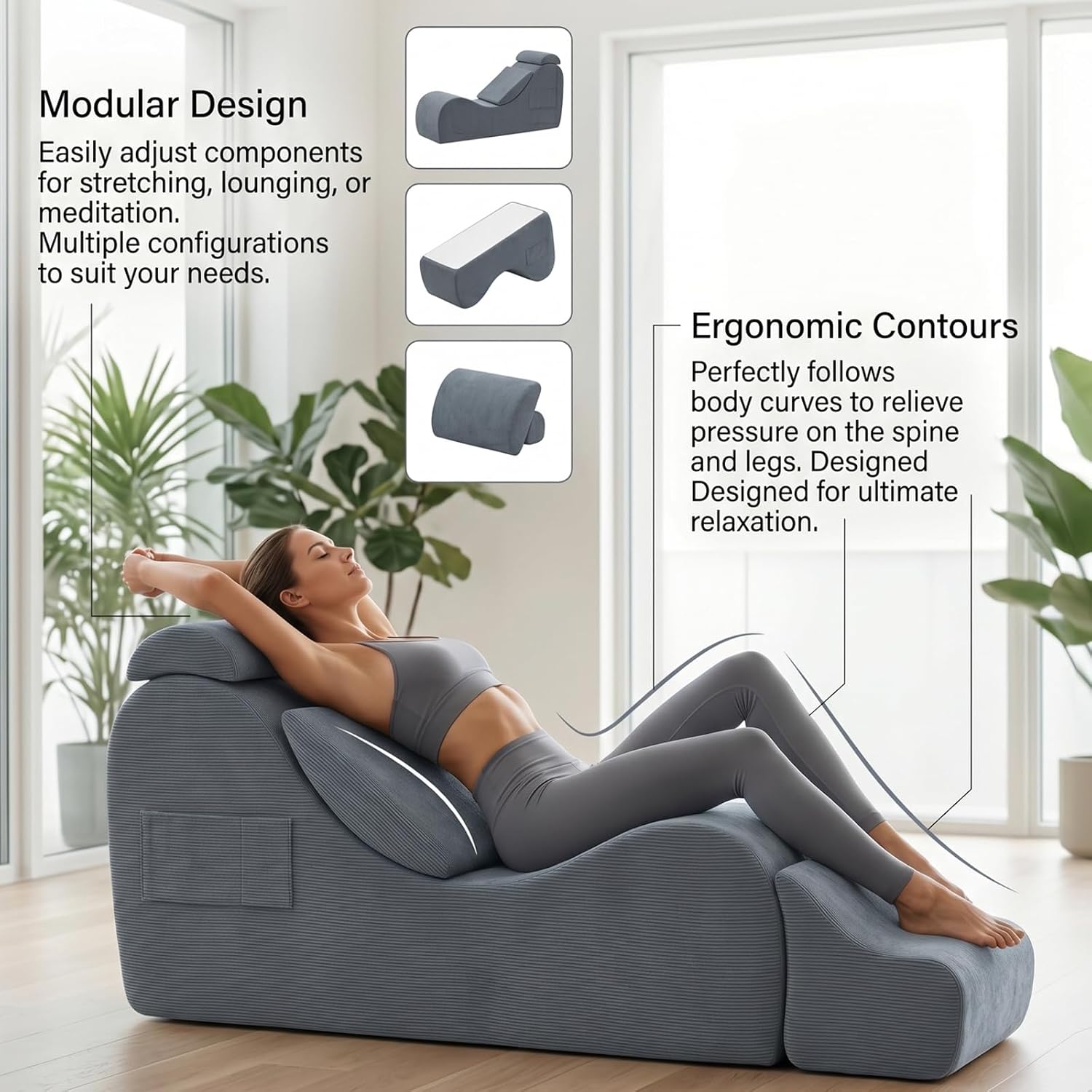 Yoga Chair Lounge for Adult, Ergonomic Chaise Lounge Chair with Side Pocket, Headrest, Waist Pad, Ottoman，Perfect for Stretching, Massage, and Relaxation, Used in Living Room, Bedroom