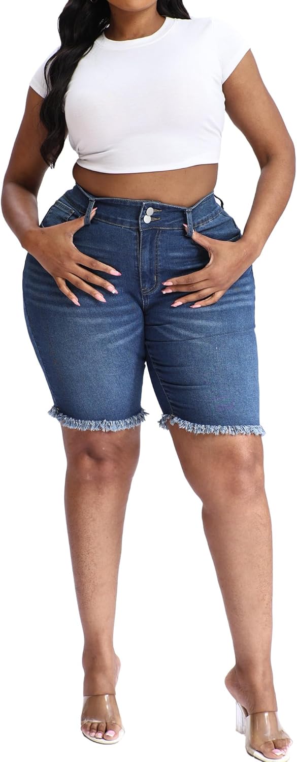 Gocolloa Women's Plus Size High Waisted Stretchy Jean Shorts 10" Inseam Raw Hem Denim Bermuda Shorts