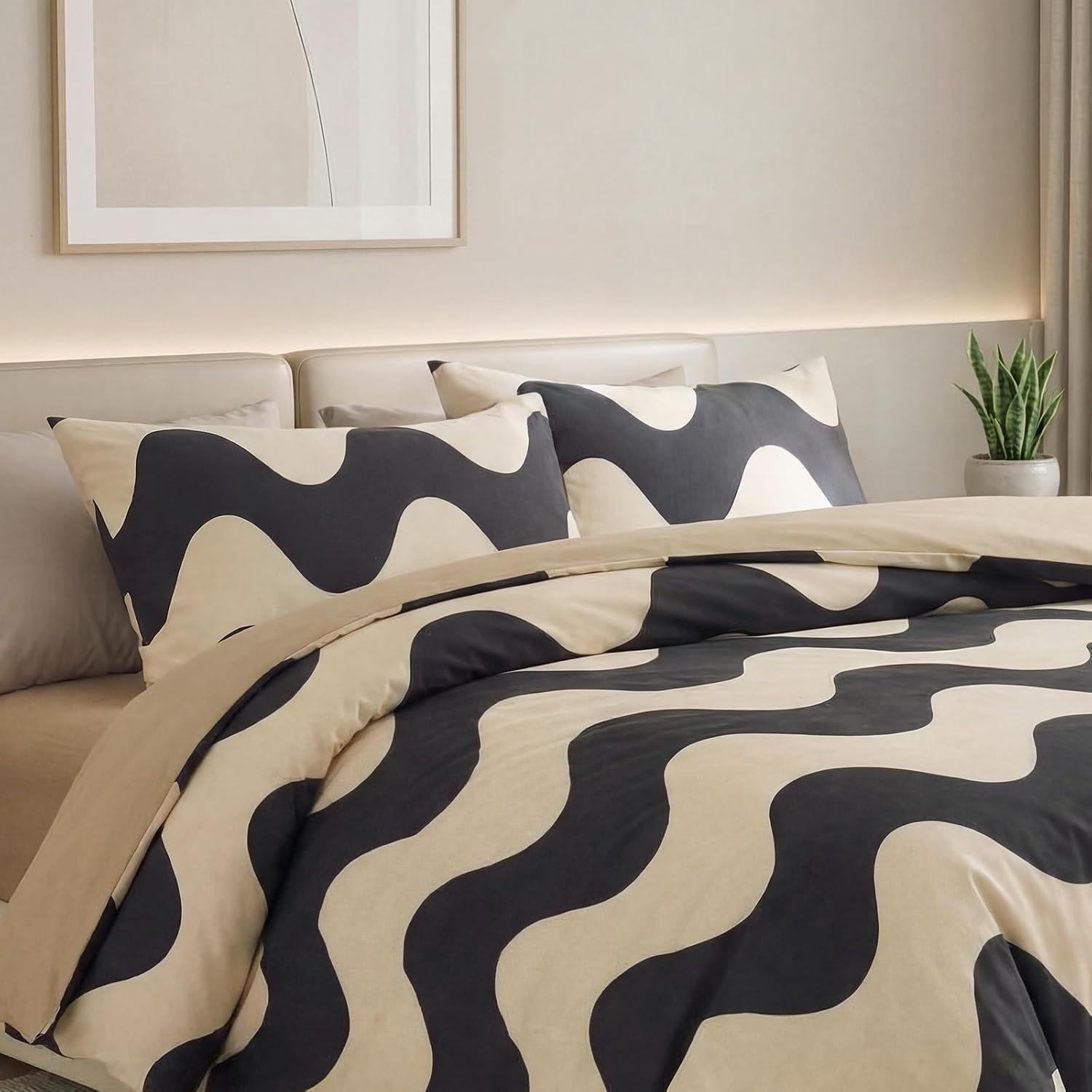 100% Cotton Duvet Cover King Size,Cream White Black Geometric Striped Pattern Bedding Set with Zipper Closure, 3 Pcs Breathable and Soft Minimalist Modern Duvet Cover