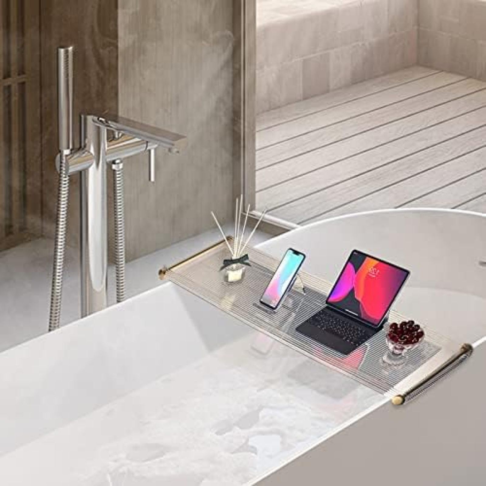Vassoio da bagno in acrilico, antiscivolo, per spa e lettura, per vasca da bagno con guardrail rialzati, perfetto per gli amanti del relax e della spa, contiene laptop e oggetti essenziali