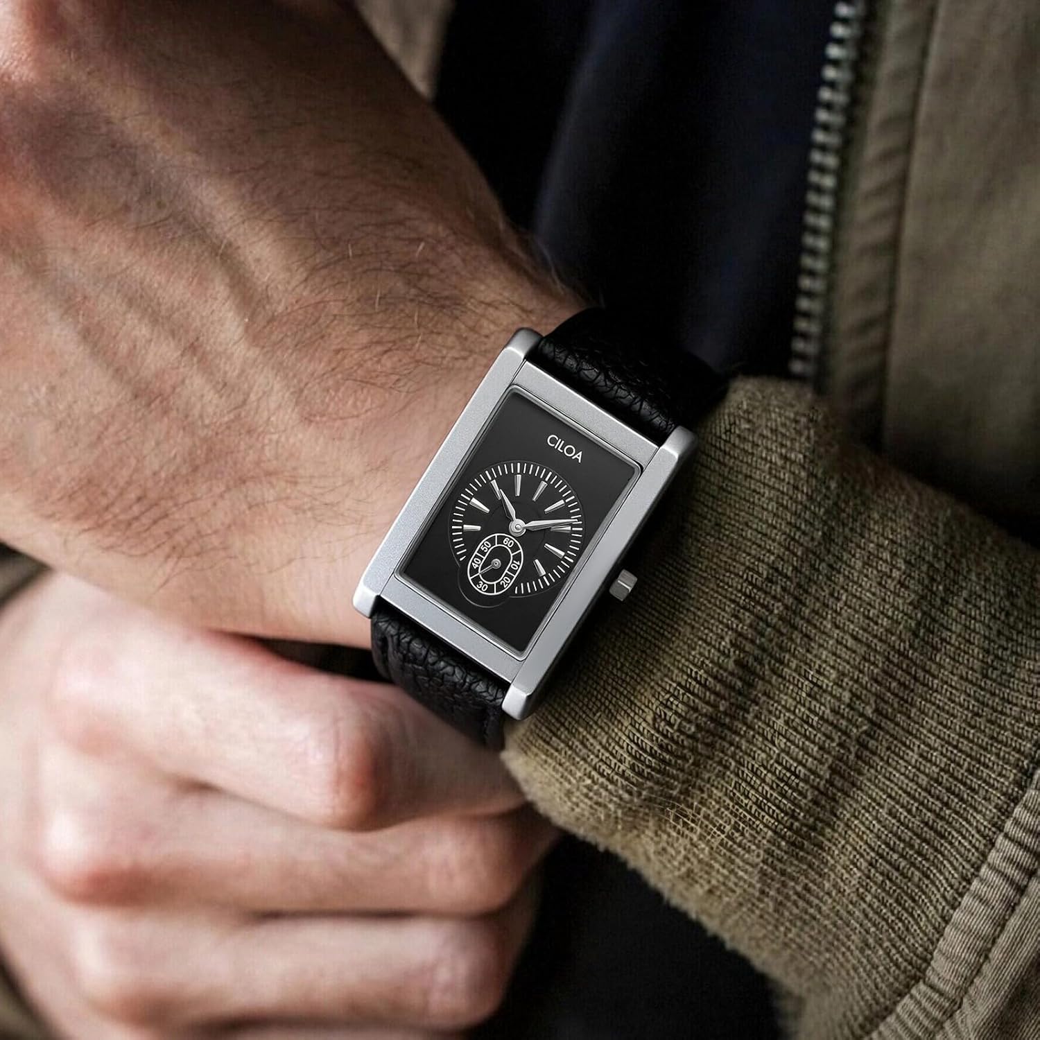 CILOA Watches for Men Unique Rectangle Relojes para Hombres Fashion Simple Analog Wrist Watch with Leather Strap